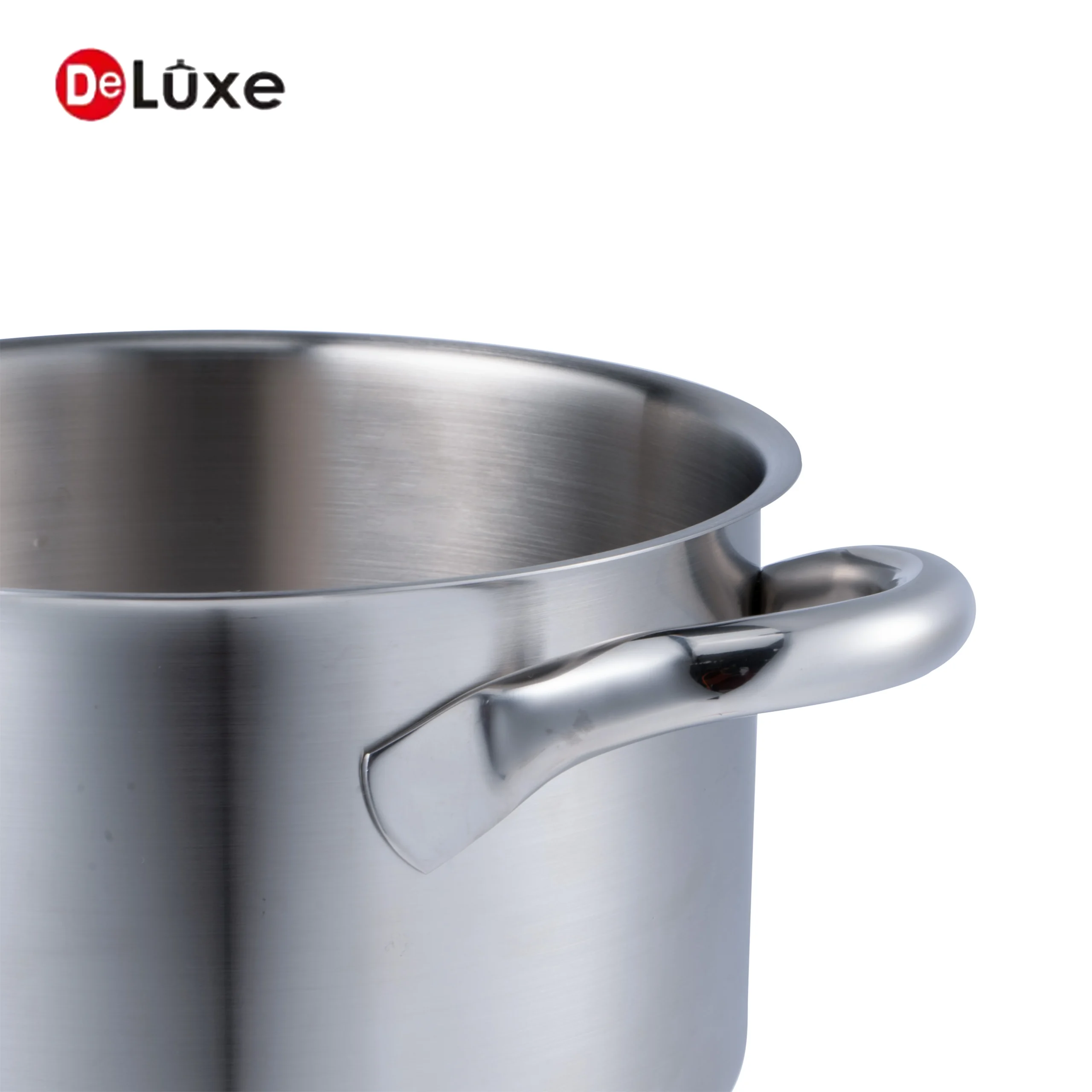 Close-up of solid stainless steel side handle on Deluxe stockpot cookware