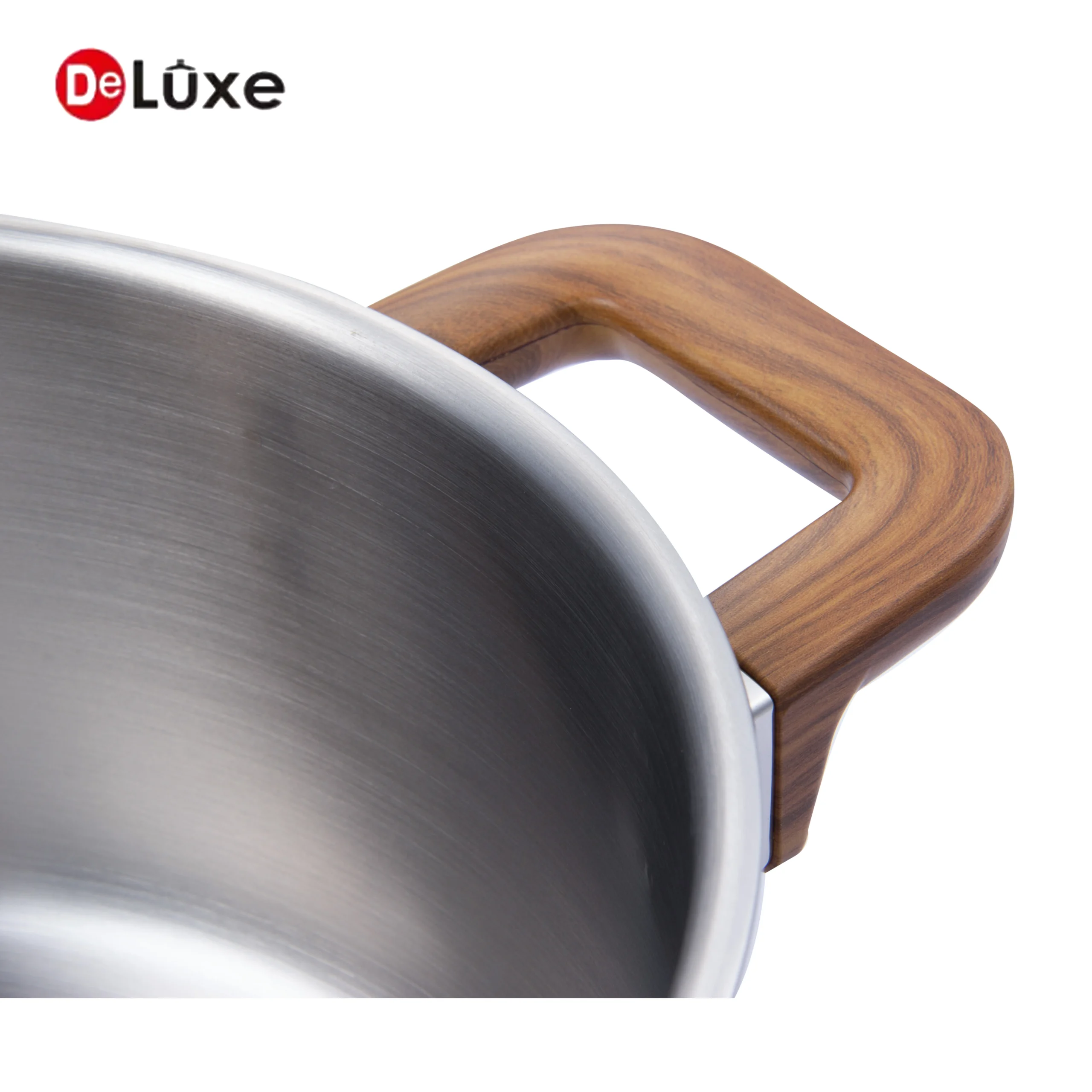 Close-up of ergonomic wood grain handle on Deluxe stainless steel stock pot