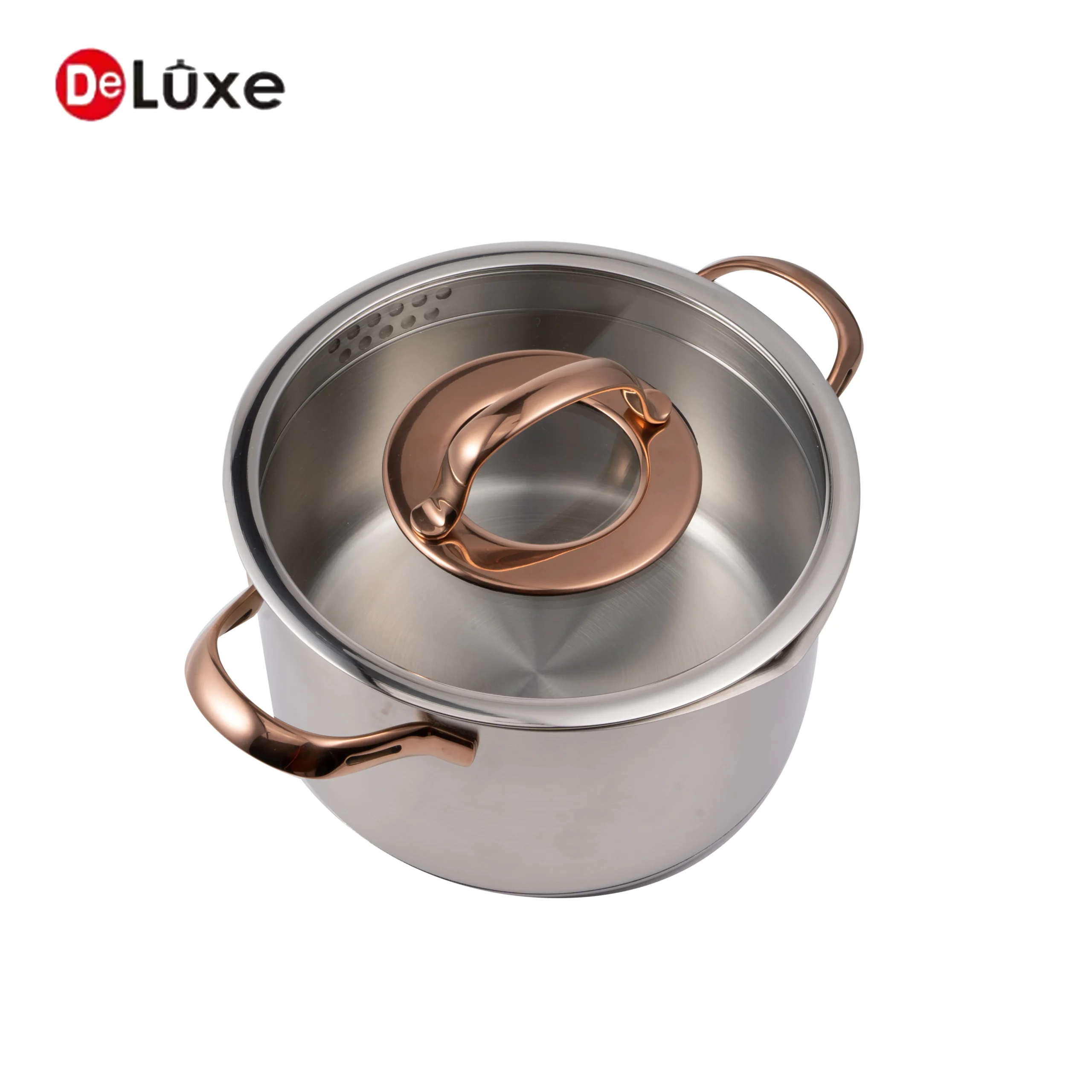 Deluxe tall stainless steel stock pot featuring rose gold PVD double side handles