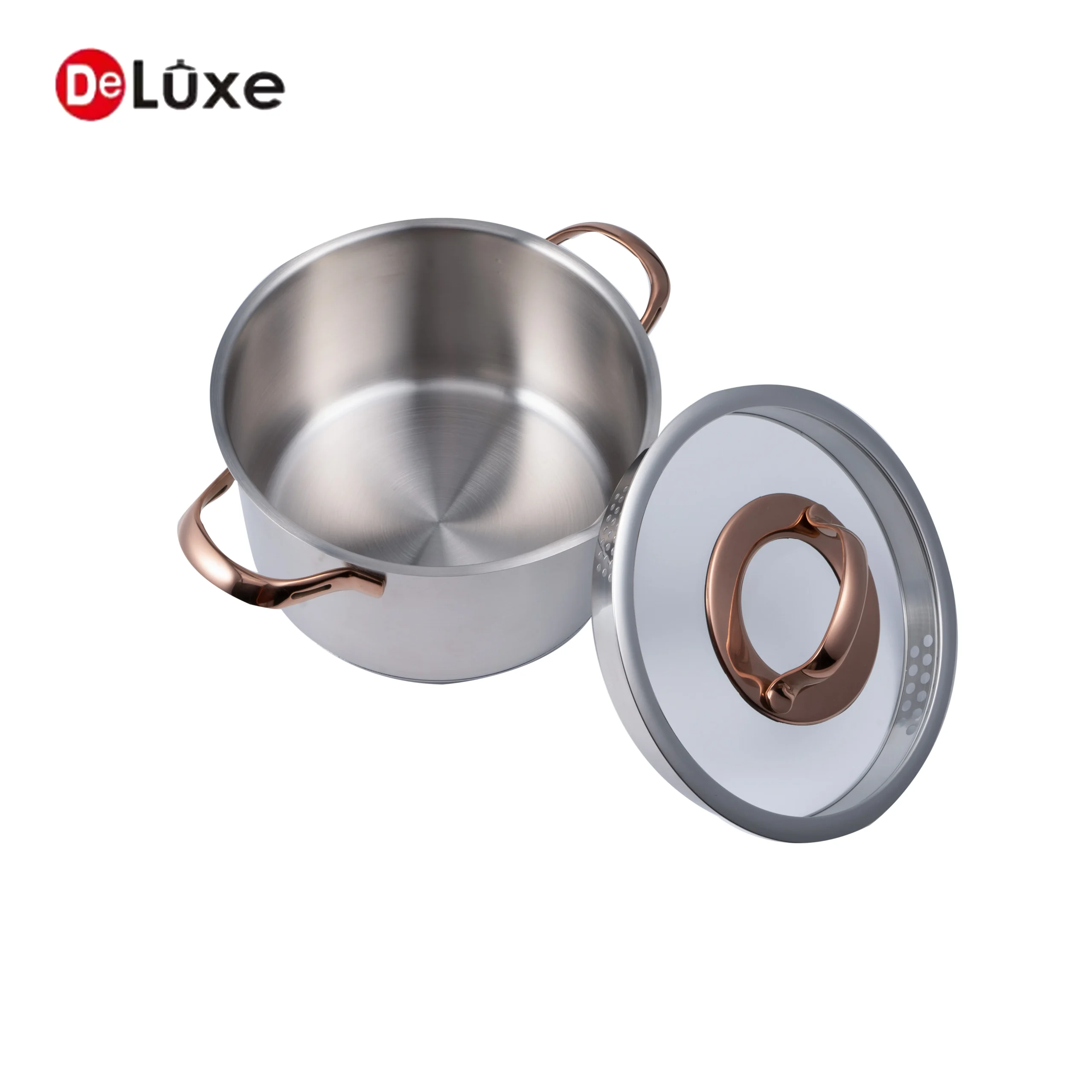 Tall stainless steel stock pot with rose gold PVD handles and separated combo glass lid
