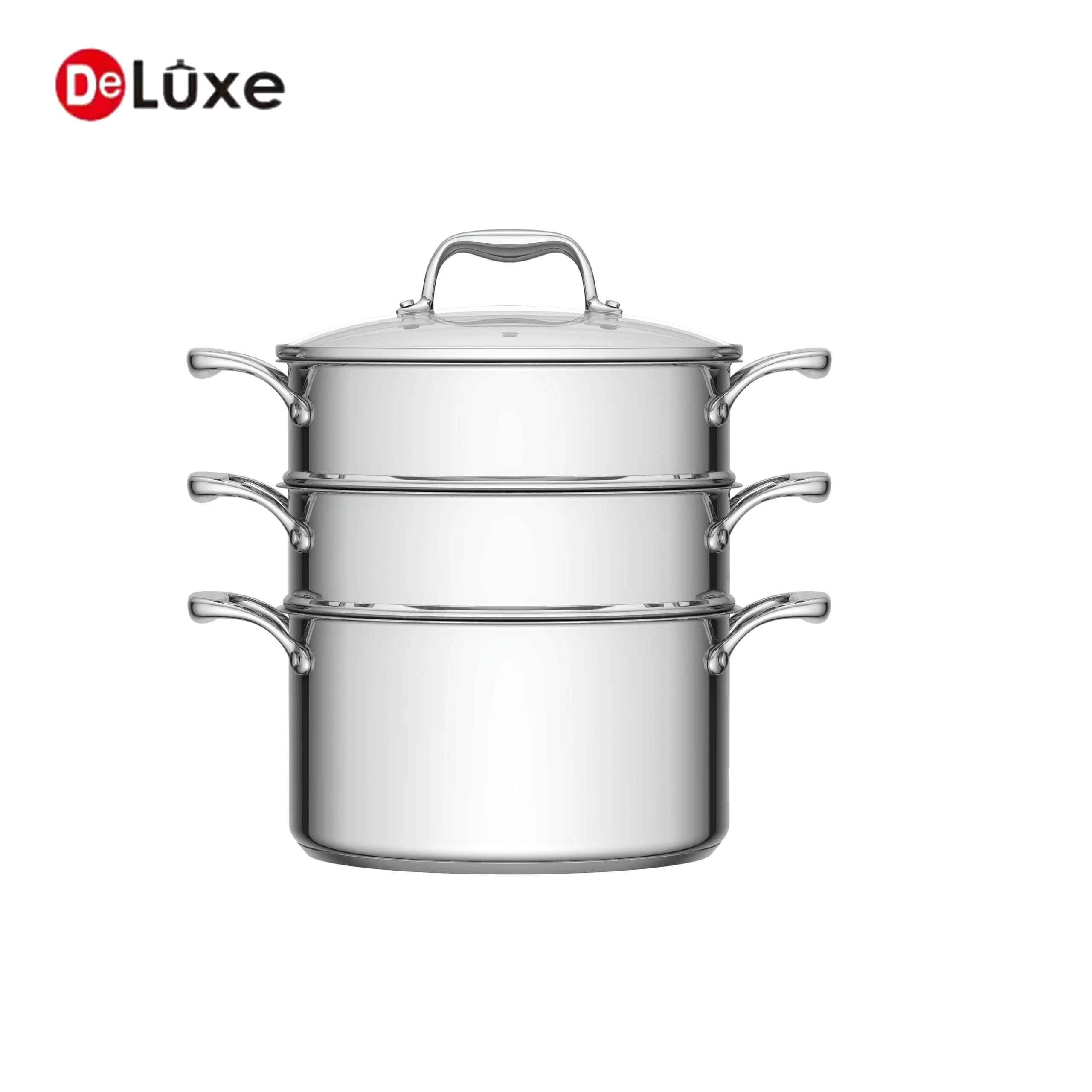 Three-tier stainless steel steamer pot with tempered glass lid