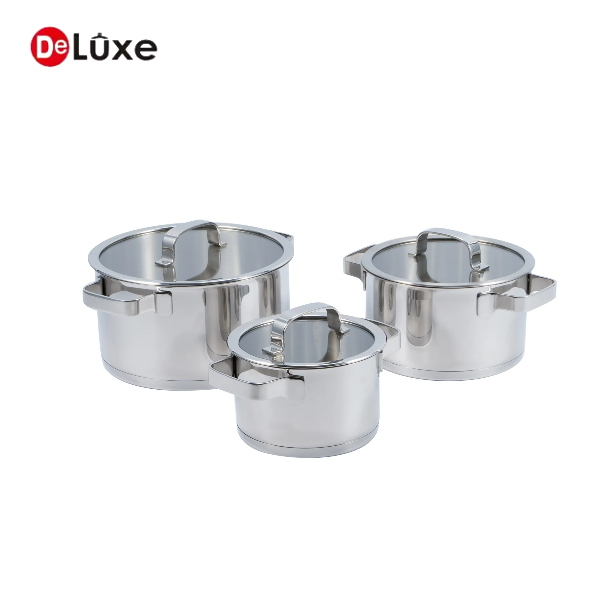 Deluxe Tyson stainless steel cookware set with transparent glass lids and double handle pots for gas and induction cooktops