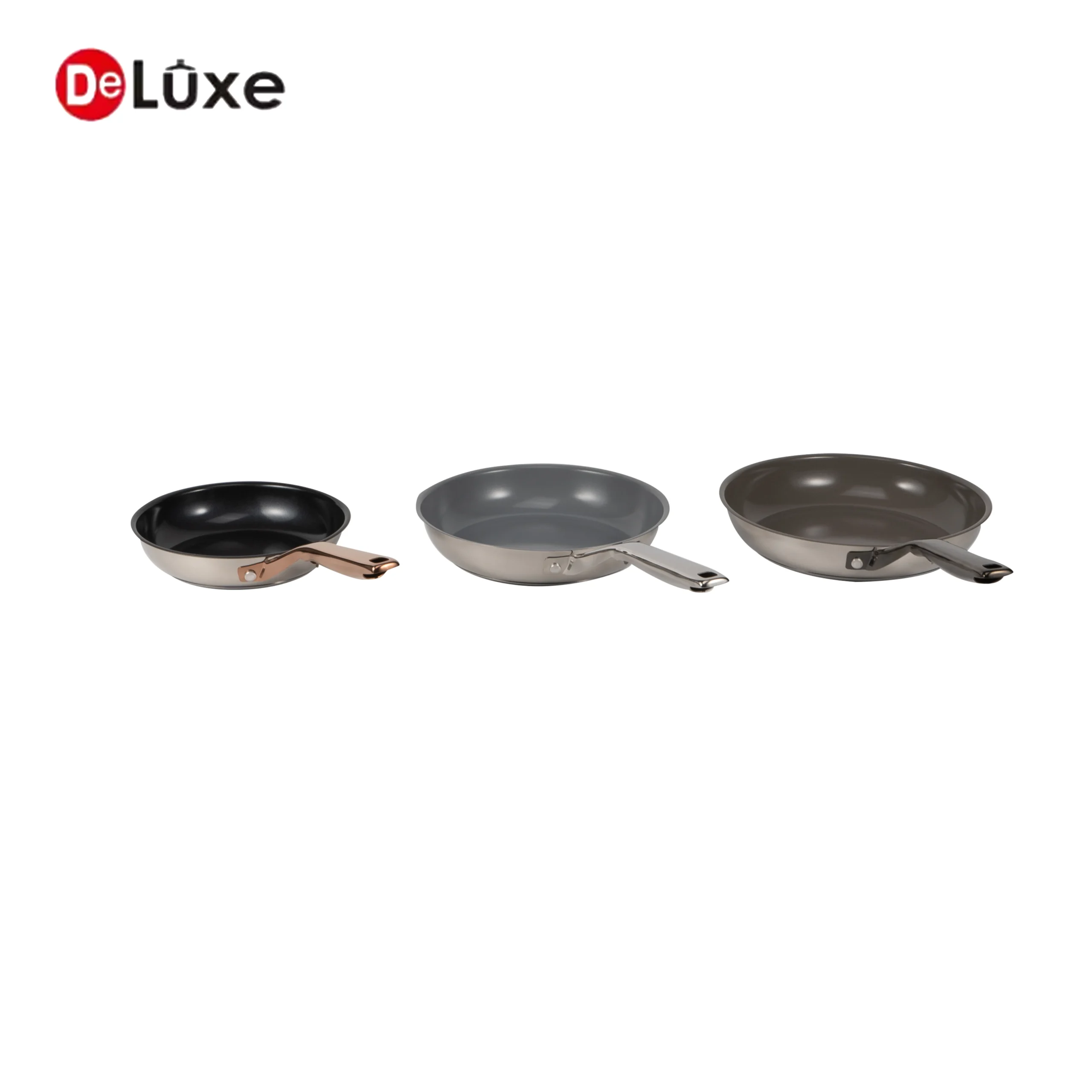 Collection of Deluxe stainless steel ceramic non-stick frying pans with optional handles and interior coatings