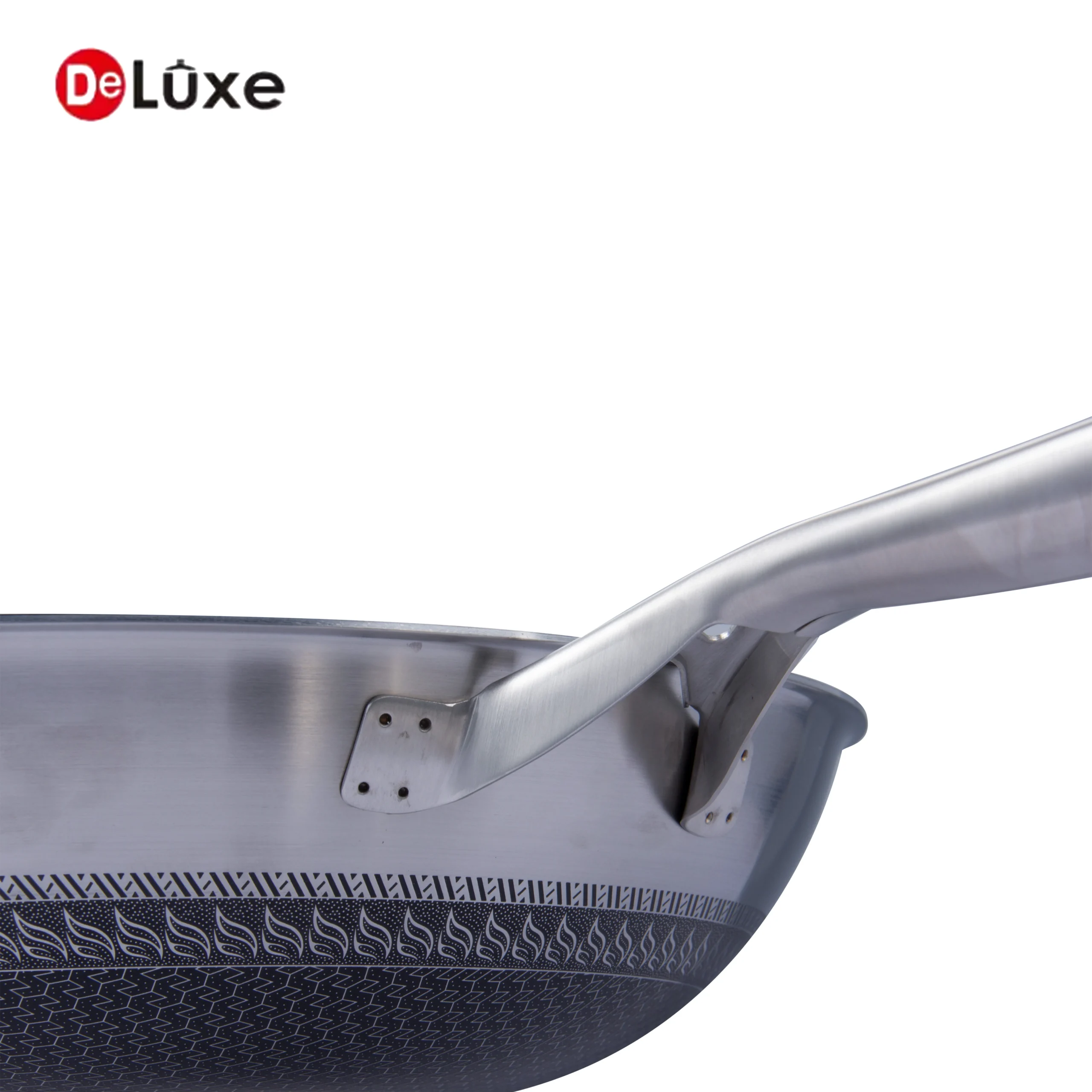 Close-up of sturdy welded 304 stainless steel handle for Deluxe honeycomb non-stick composite steel wok