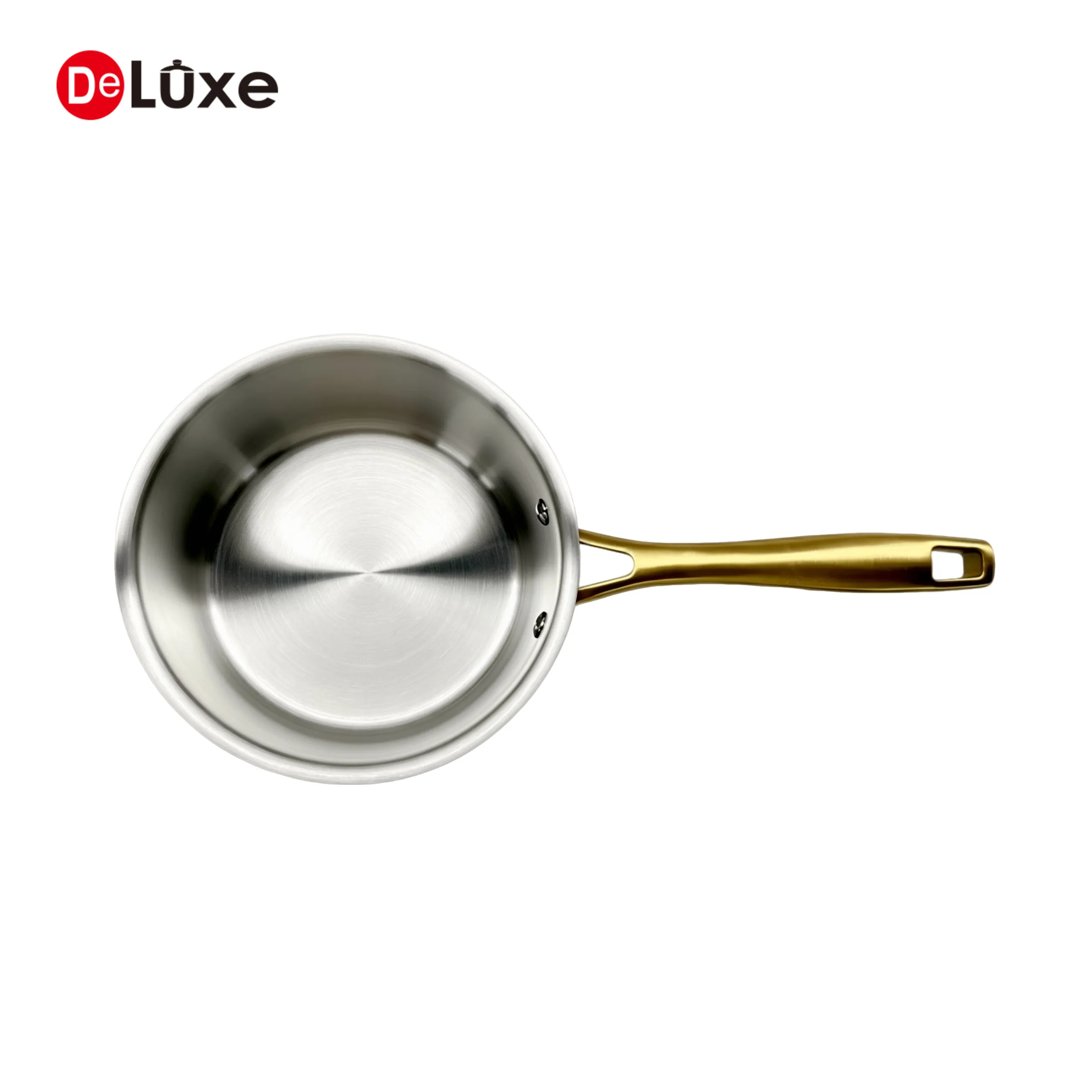 Top view of yellow ceramic stainless steel saucepan without lid