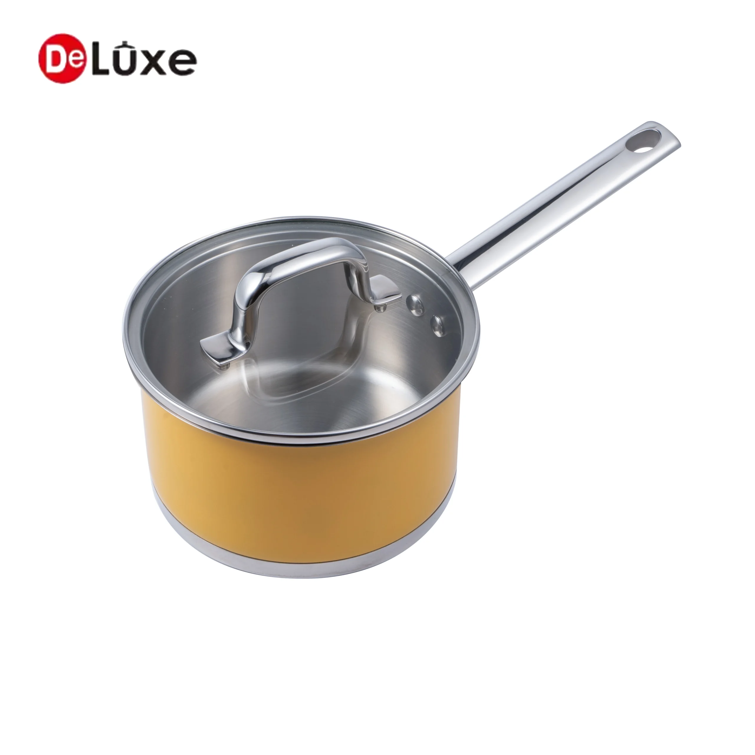 Deluxe yellow coated 304 stainless steel saucepan with glass lid, suitable for gas and induction cooktops