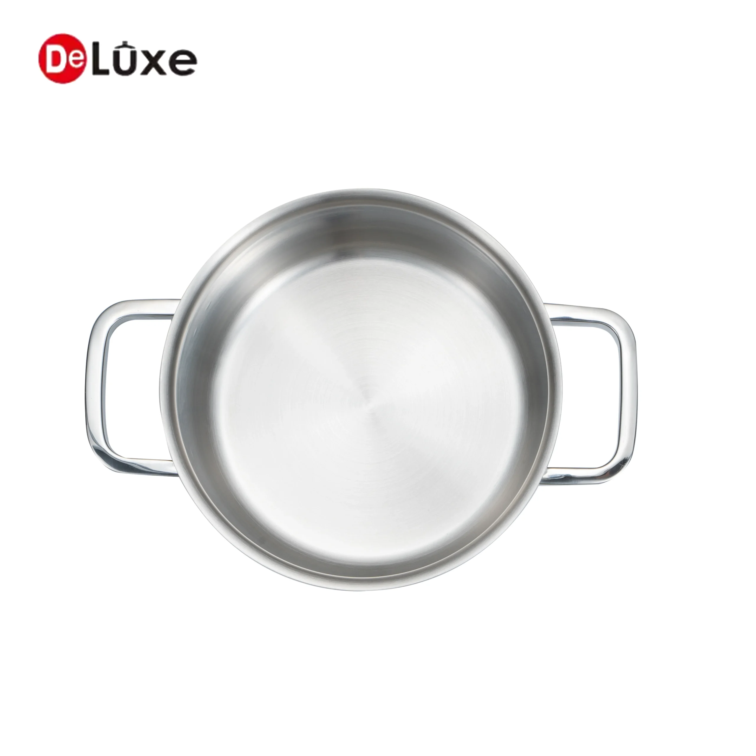 Top-down view of empty medium straight stock pot with double square tube cast steel handles, smooth flat 3-layer composite stainless base