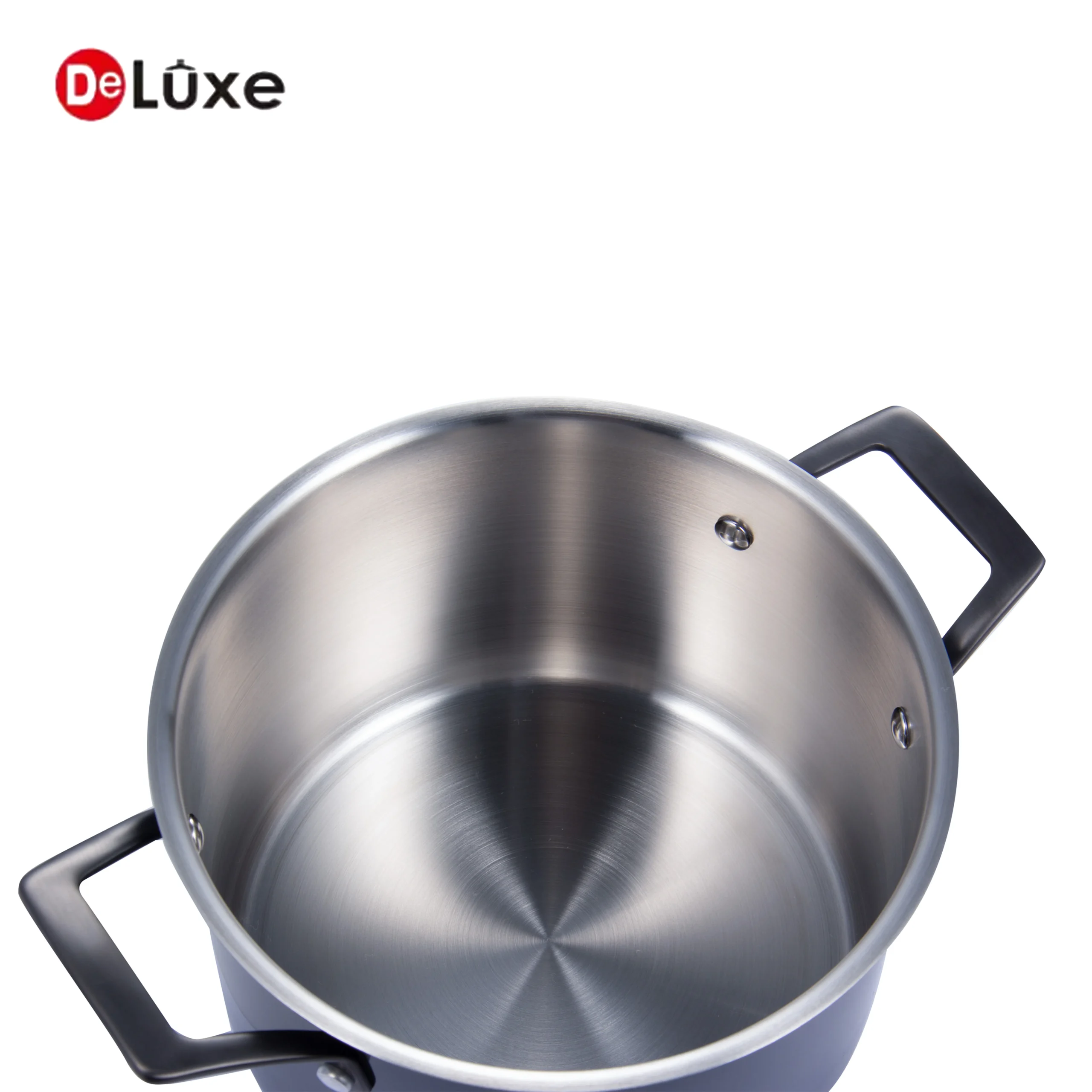 Empty black straight stock pot with double black PVD handles, smooth polished stainless interior