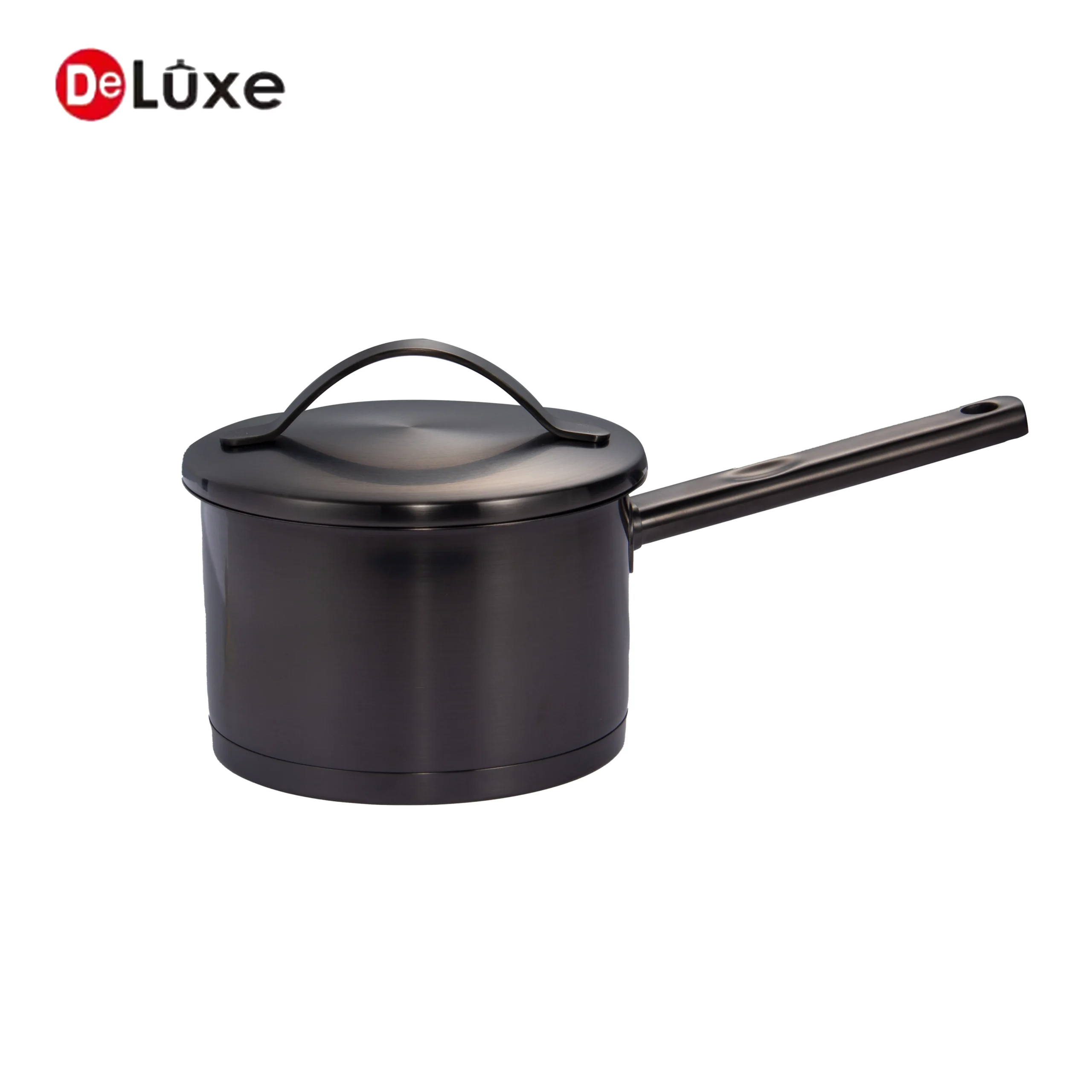 Full black PVD sandblasted straight stainless saucepan with single black PVD coated handle & ribbon curved PVD lid