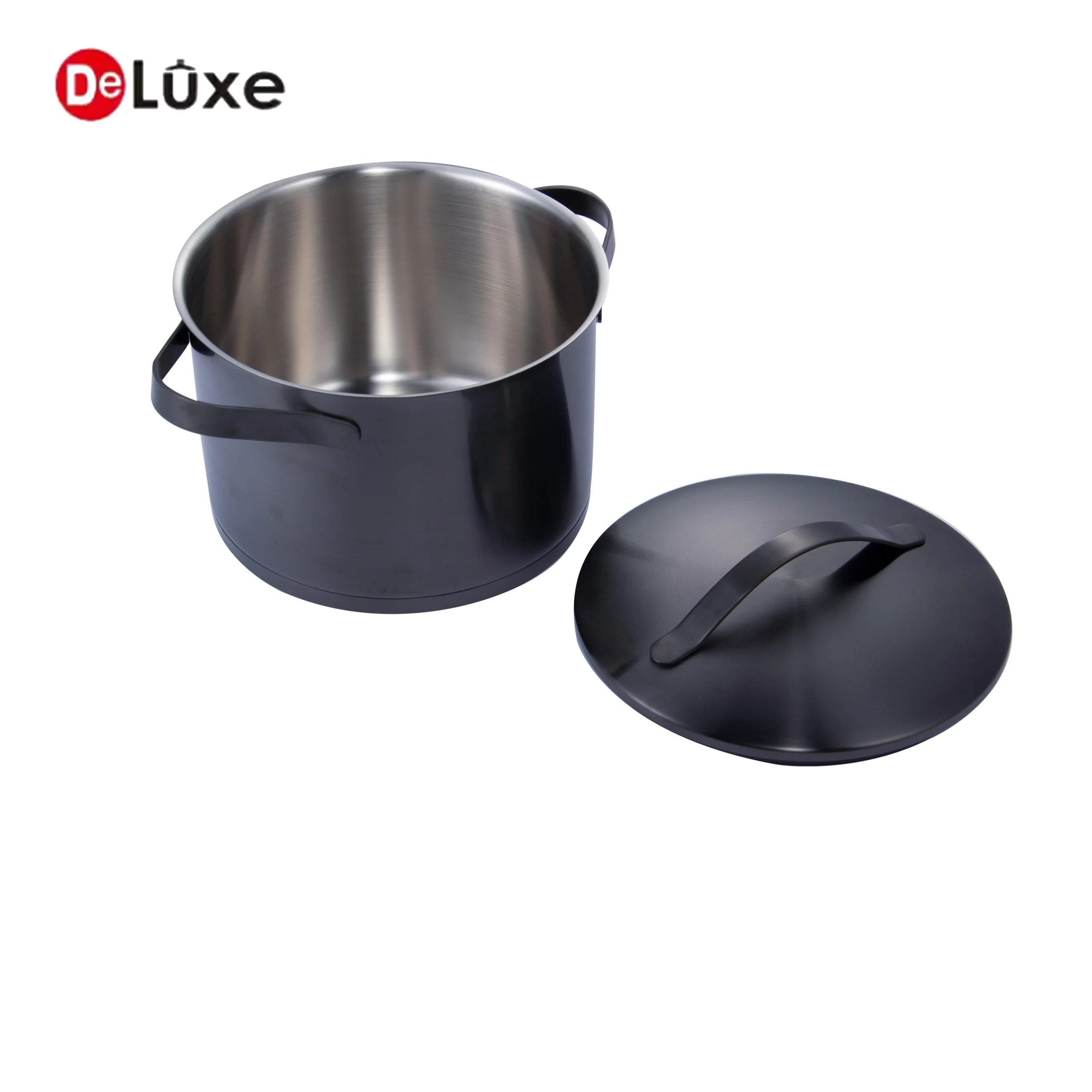 Full black PVD sandblasted straight double-handle stockpot with separated matching ribbon curved black PVD lid