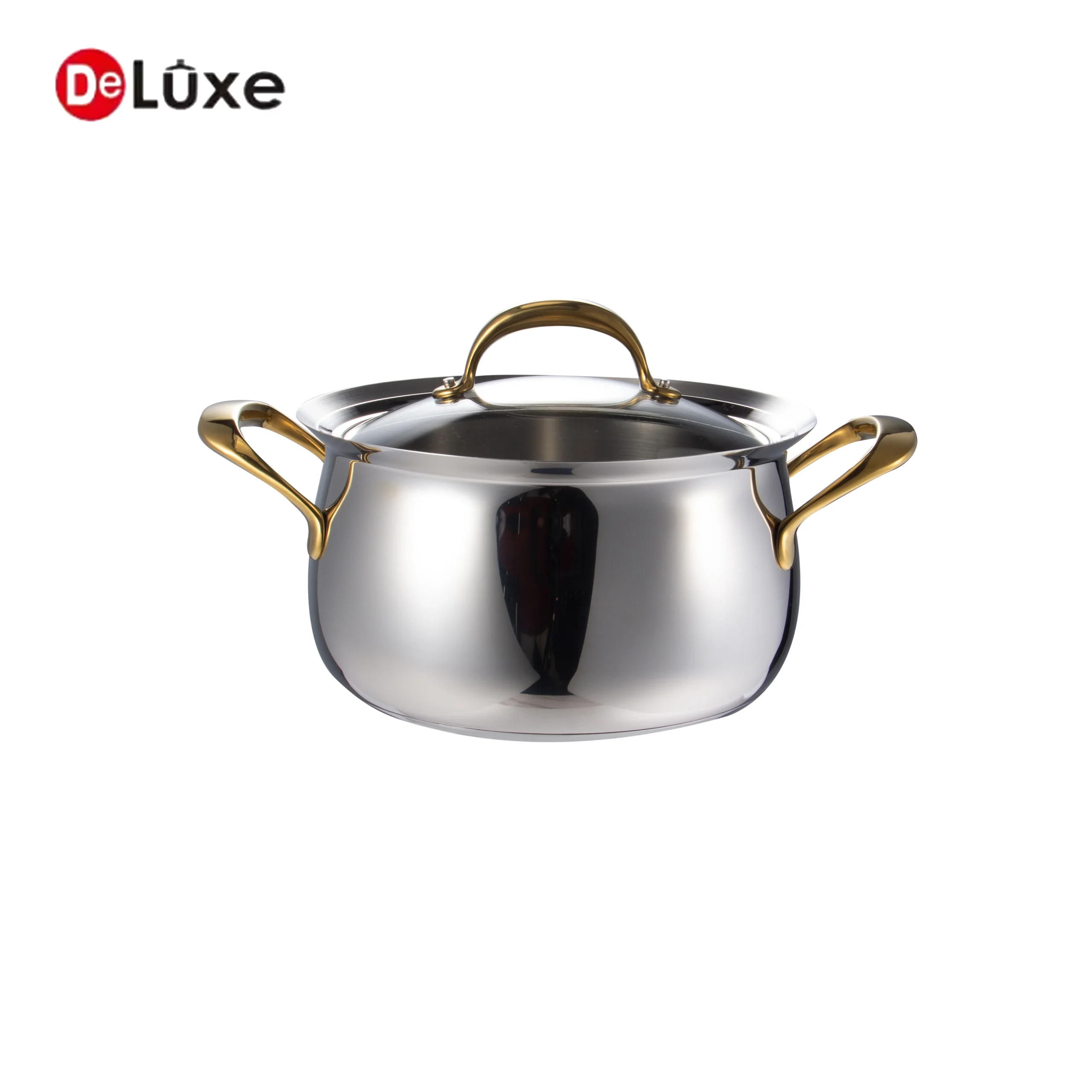 Luxury belly shaped deep stockpot with double gold PVD coated cast steel handles and stainless lid
