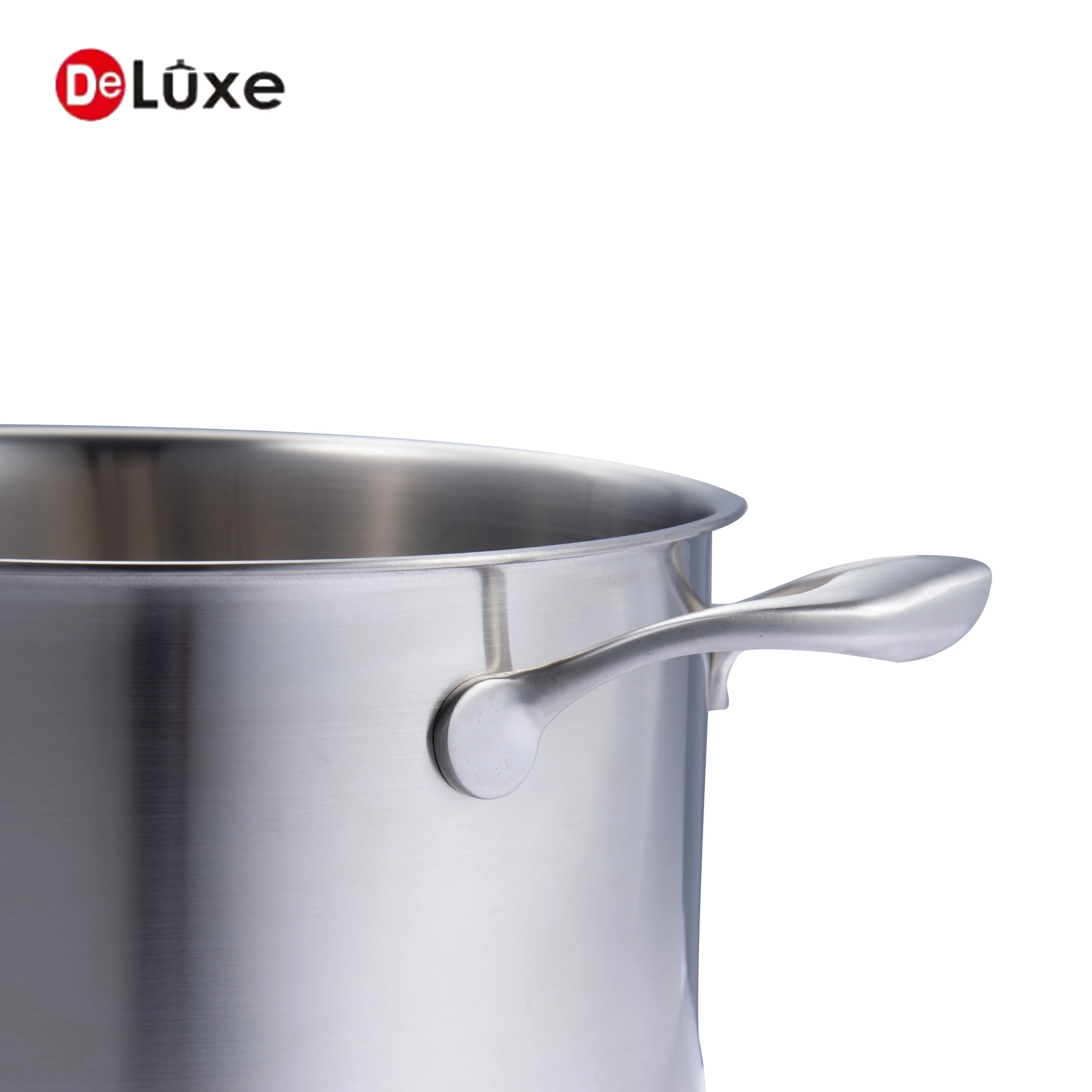 Close-up of ergonomic hollow heat-insulated cast steel double handle and firm welding joint on tall SS304 stock pot