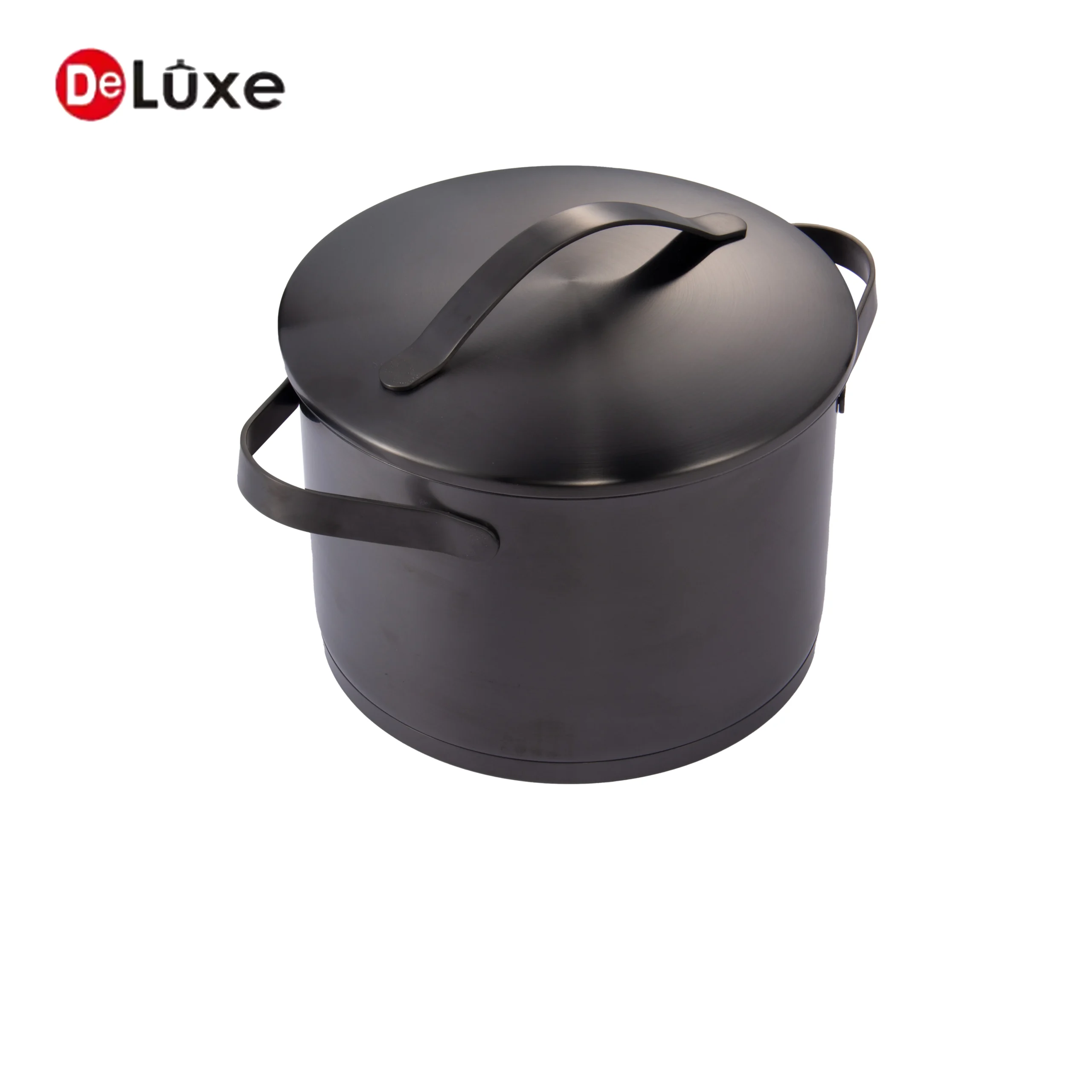 Full black PVD straight large stockpot with double black PVD handles and ribbon curved lid placed on top