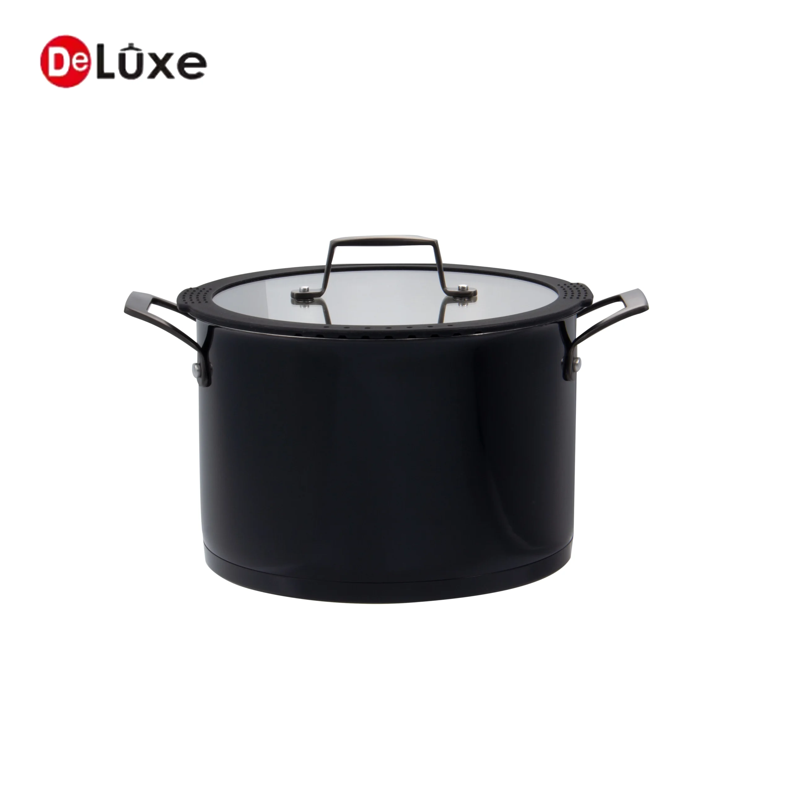 Large capacity black straight stock pot with black PVD double handles and silicone rim glass lid