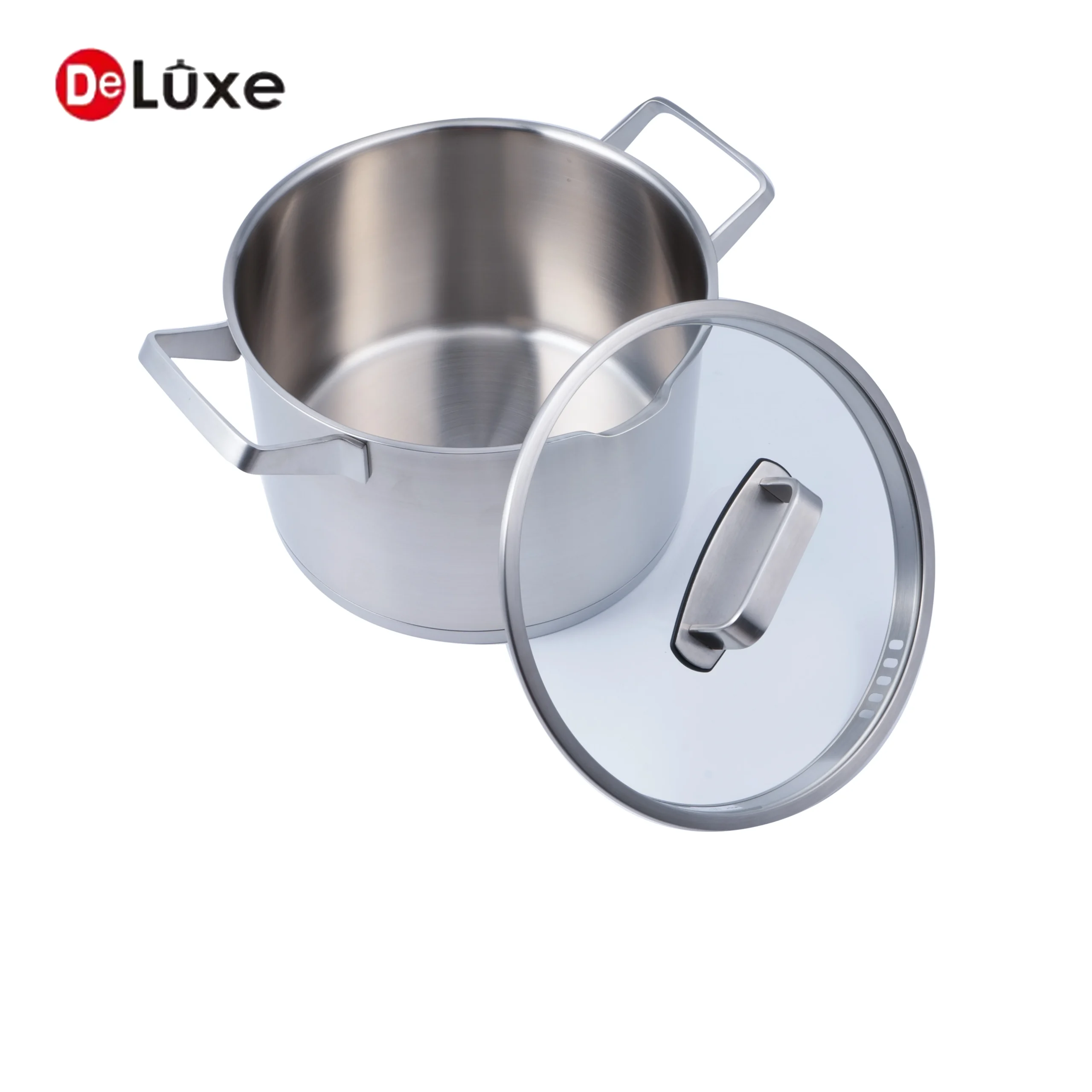 Large stainless steel double handle stock pot with dual pouring spouts, separated matching stainless rim combination glass lid