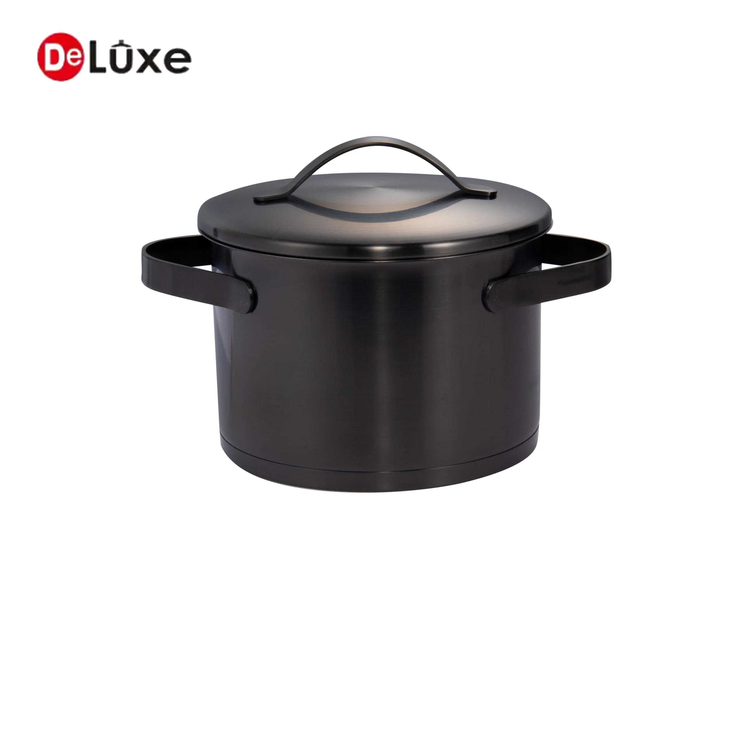 Large full black PVD sandblasted straight stainless stockpot with double black PVD coated handles & matching ribbon PVD lid