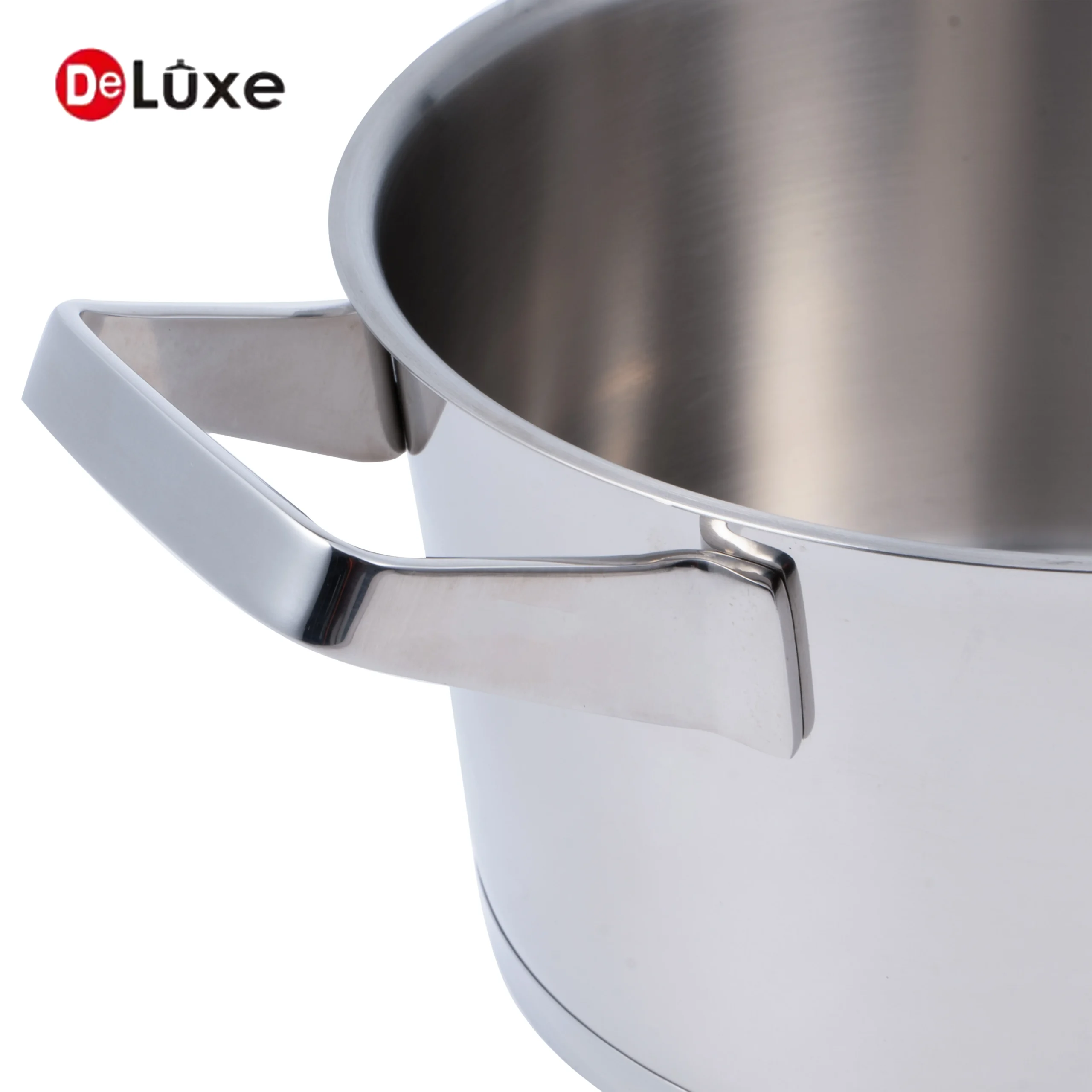 Detail shot of ergonomic cast steel double handle on large slightly tilted stainless stock pot