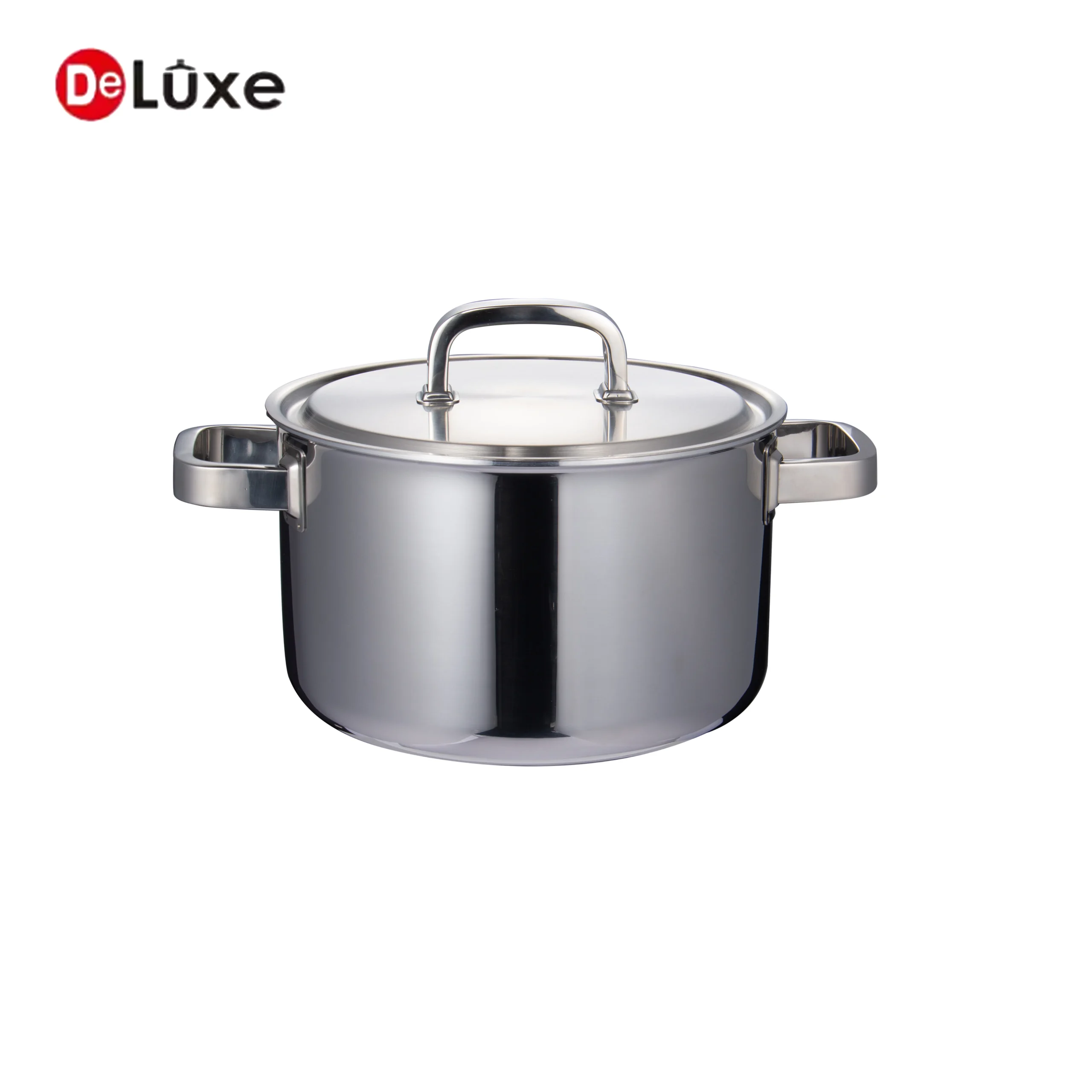 Medium straight stock pot made of thick 3-layer composite stainless steel, double square tube cast steel handles & one-piece stainless lid