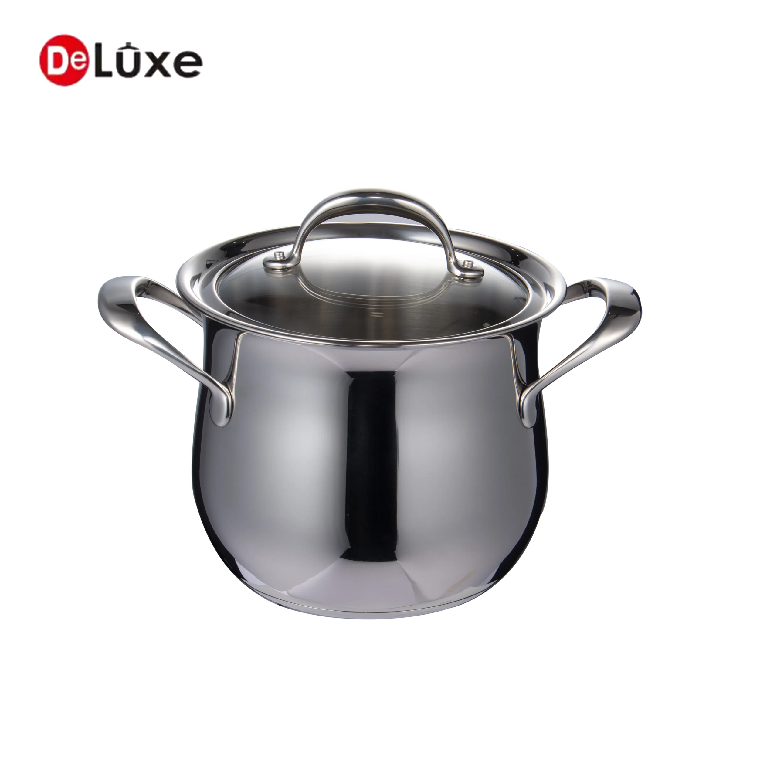 Medium belly shape stainless steel stock pot with double solid silver cast steel handles & glass lid