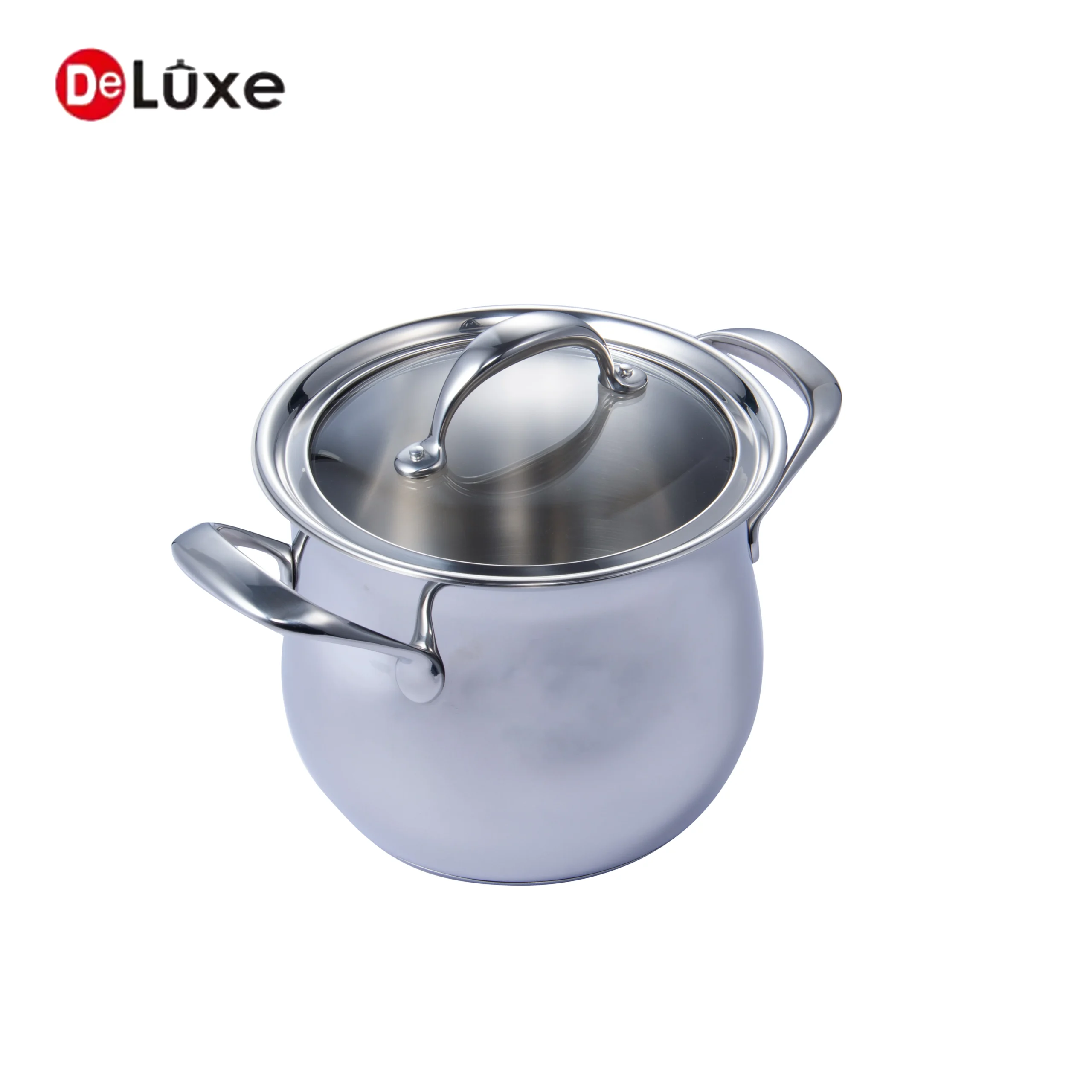 Open medium belly shape stainless stock pot with double cast steel handles and glass lid