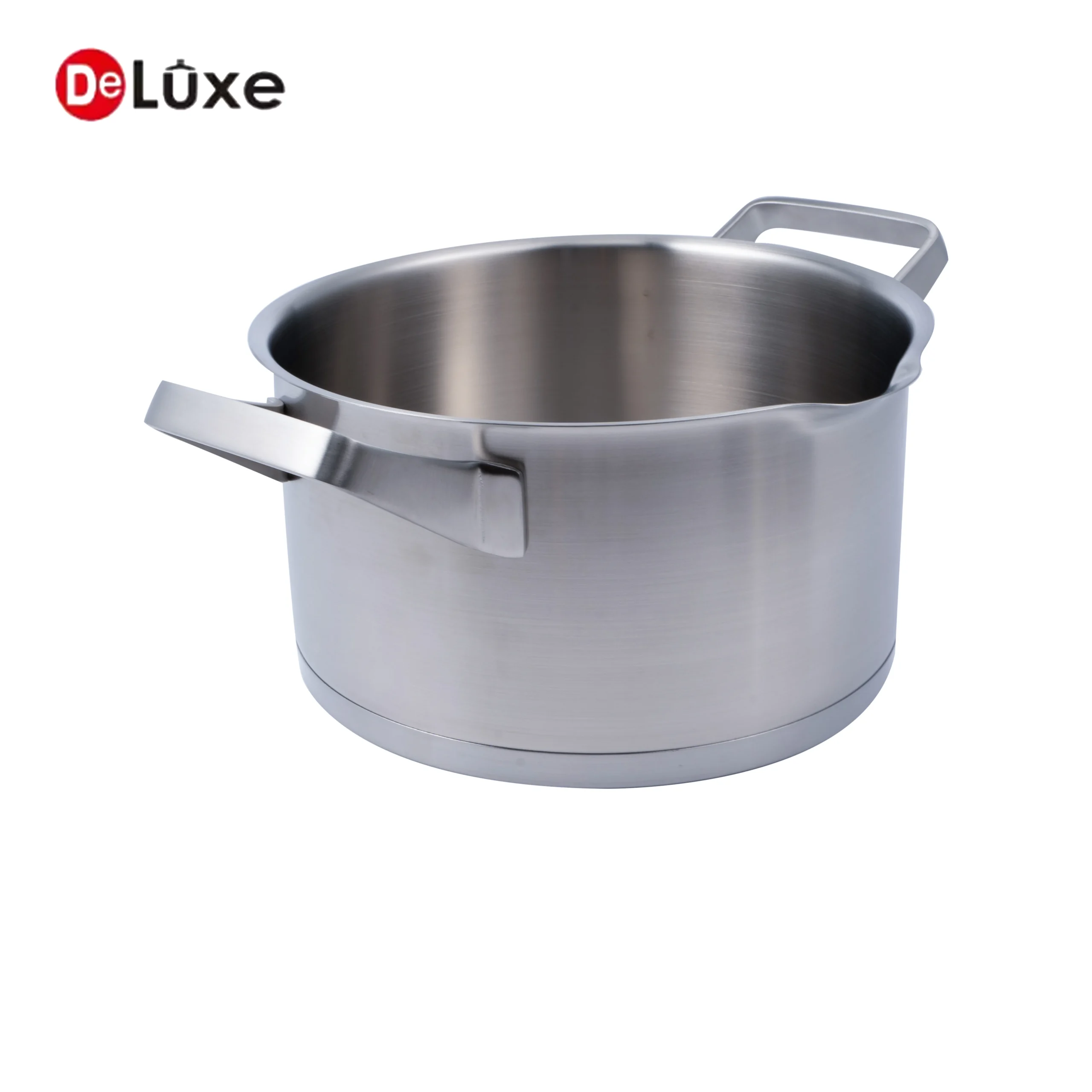 Stainless steel double handle stock pot with dual side pouring spouts and spot welded cast steel double handles