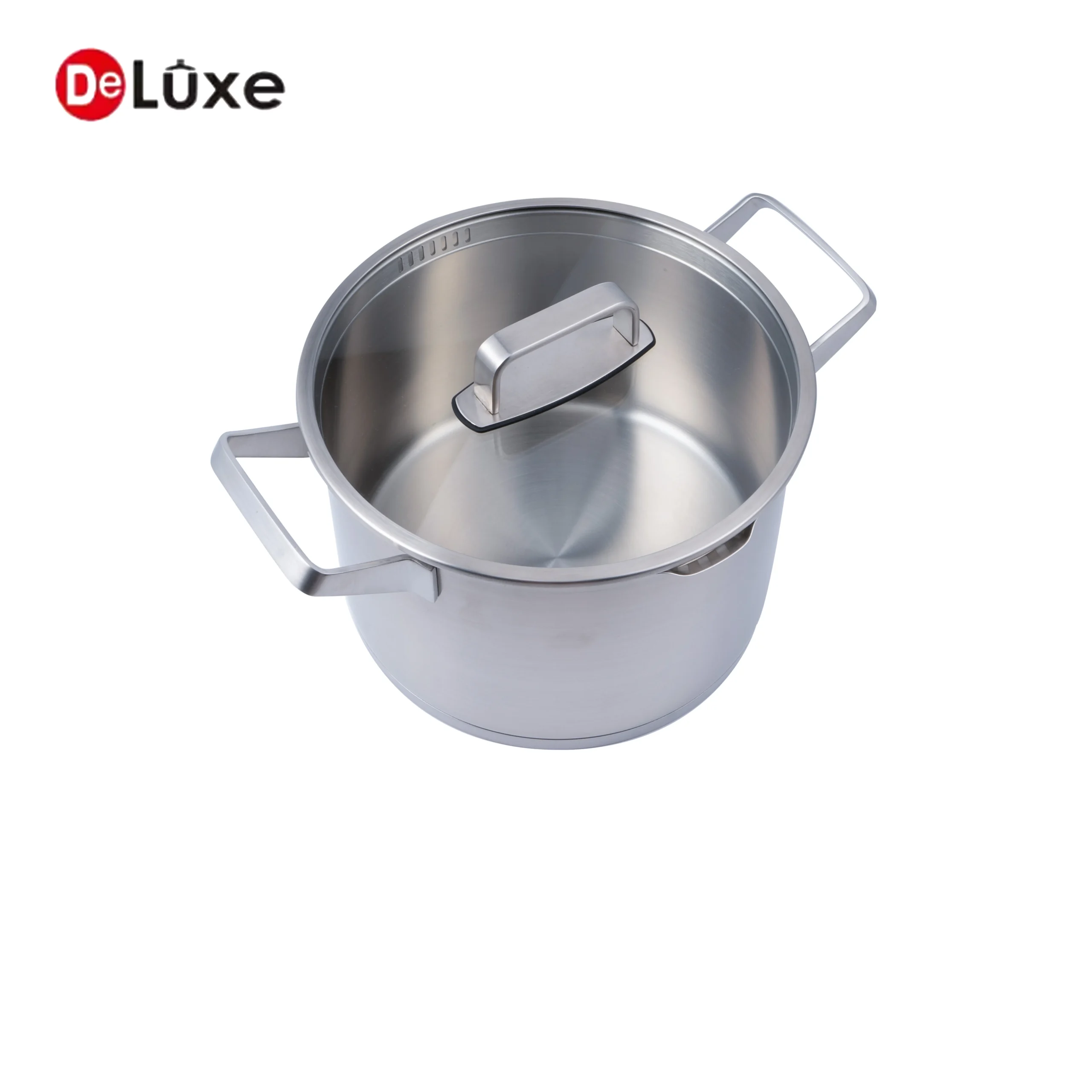Medium stainless steel double handle stock pot with dual pouring spouts, spot welded cast steel handles and stainless rim combination glass lid
