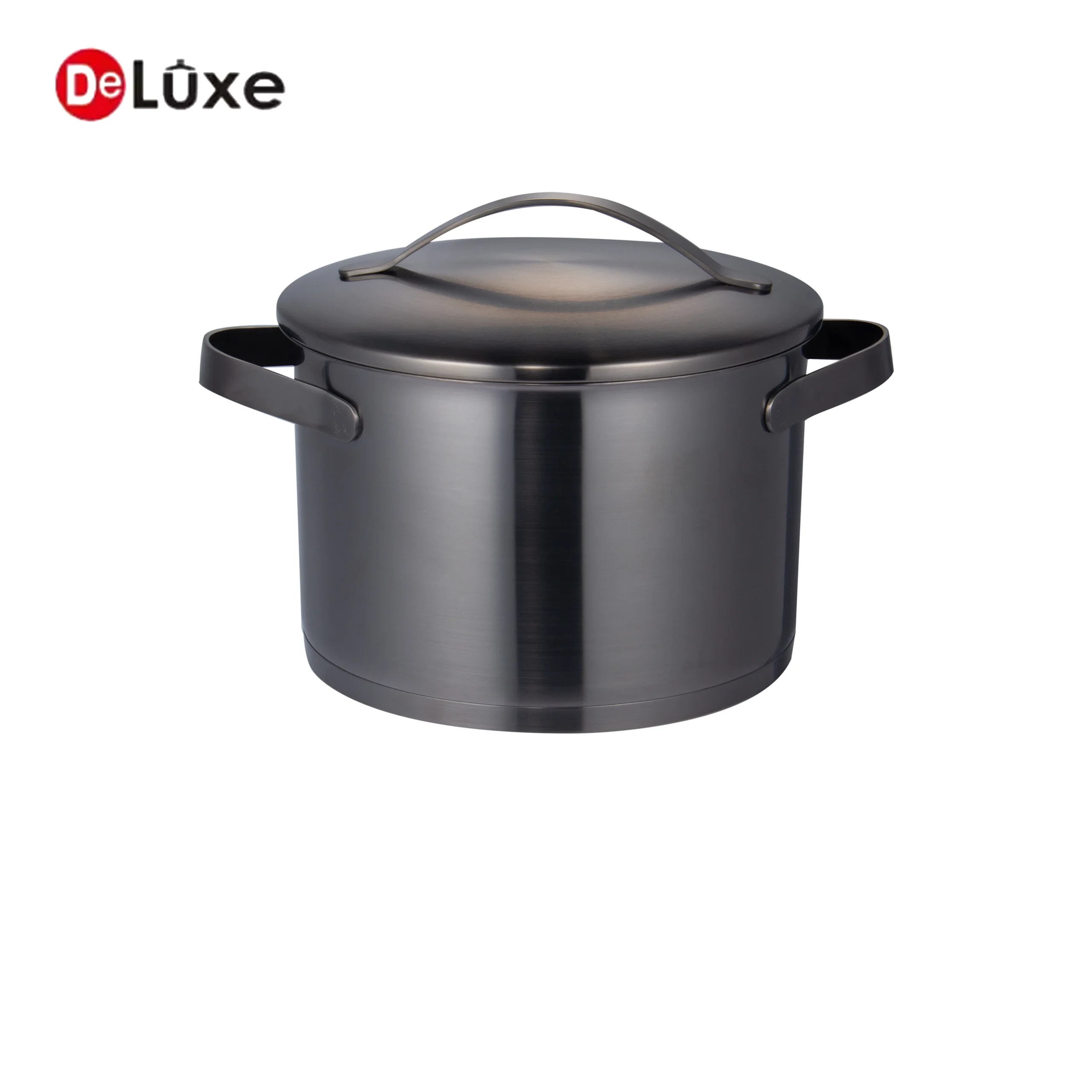 Medium full black PVD sandblasted straight stockpot with double black PVD handles and exclusive ribbon curved PVD lid