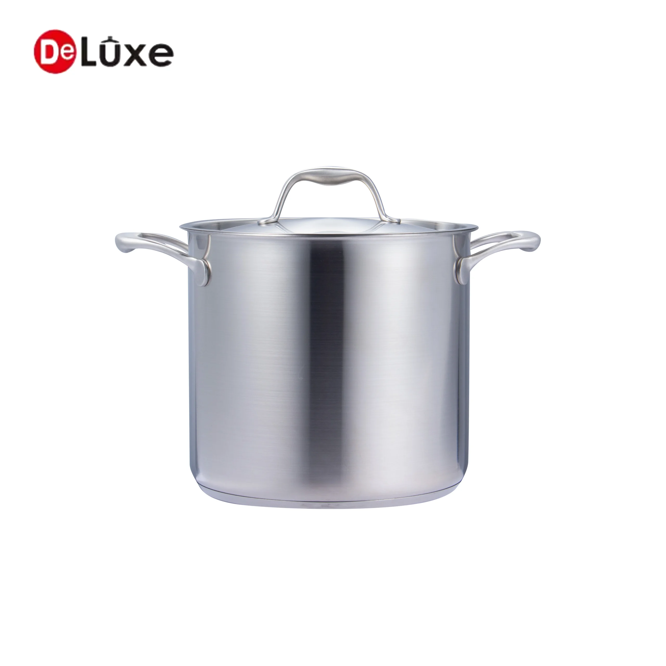 Medium-large tall deep SS304 stock pot with hollow cast steel double handles and sealed stainless steel lid, suitable for commercial kitchen soup making