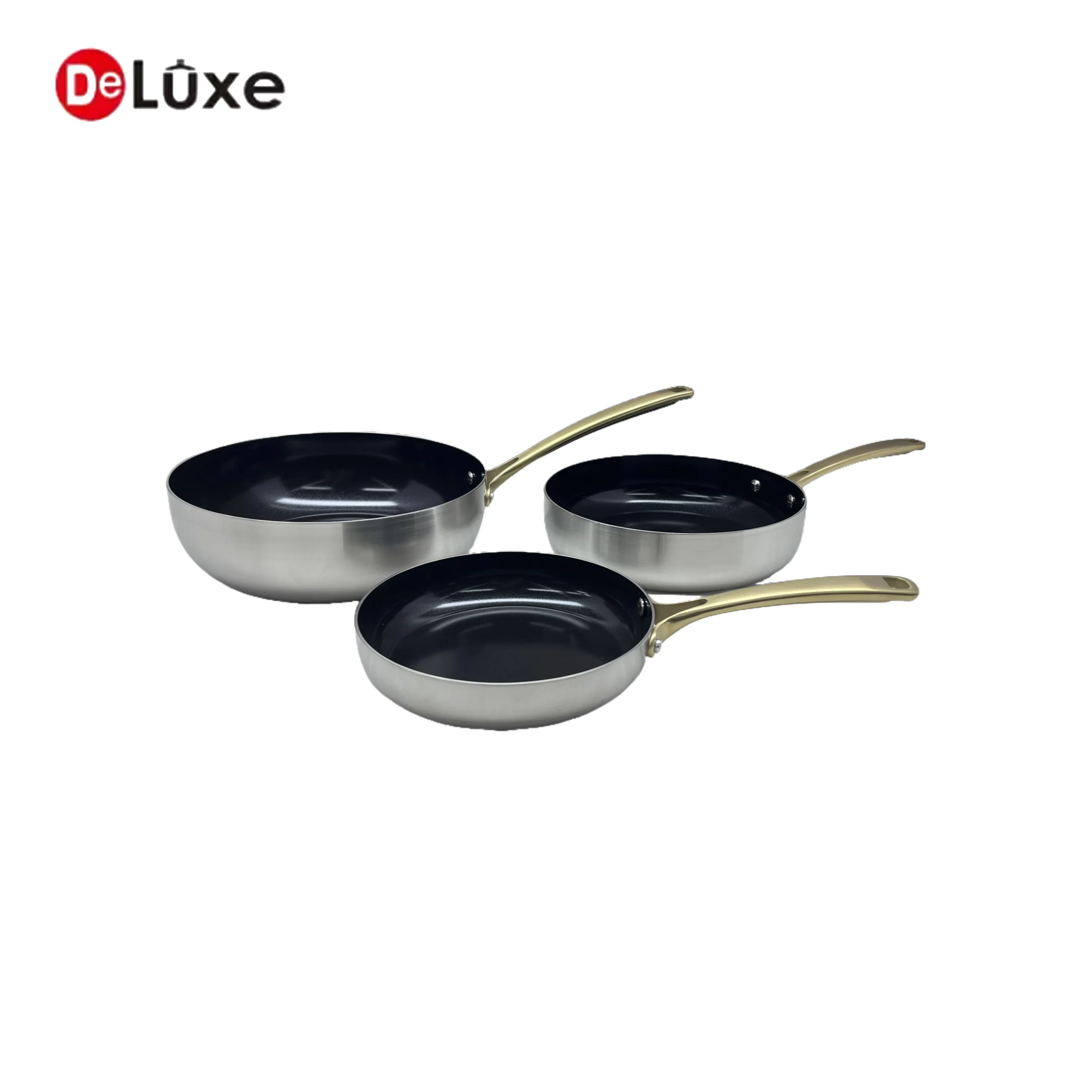 Group shot of multi-size composite stainless frying pans with black non-stick interior, champagne gold hollow cast steel handles