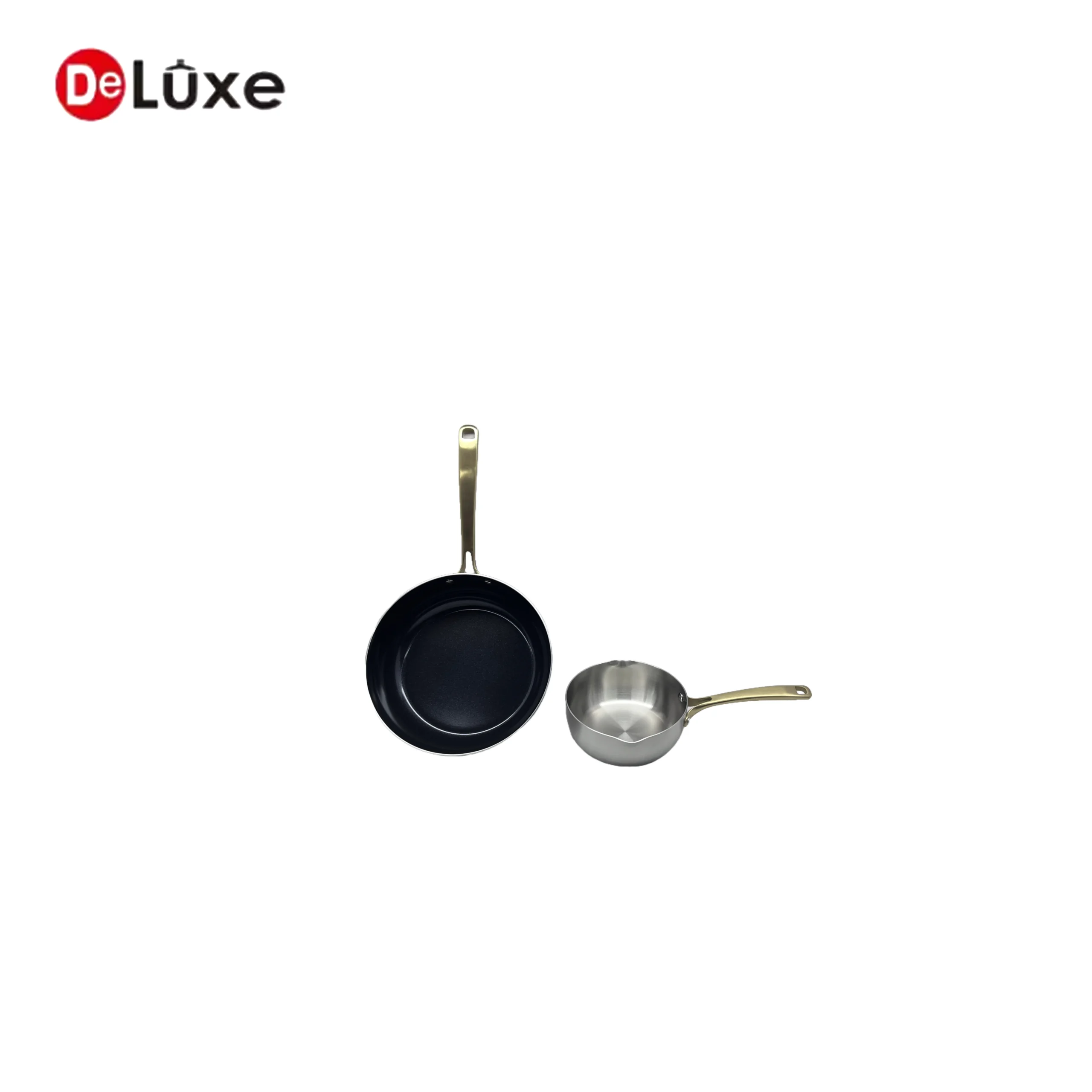 Size comparison of composite frying pans, black non-stick version and polished bare stainless version with gold handles