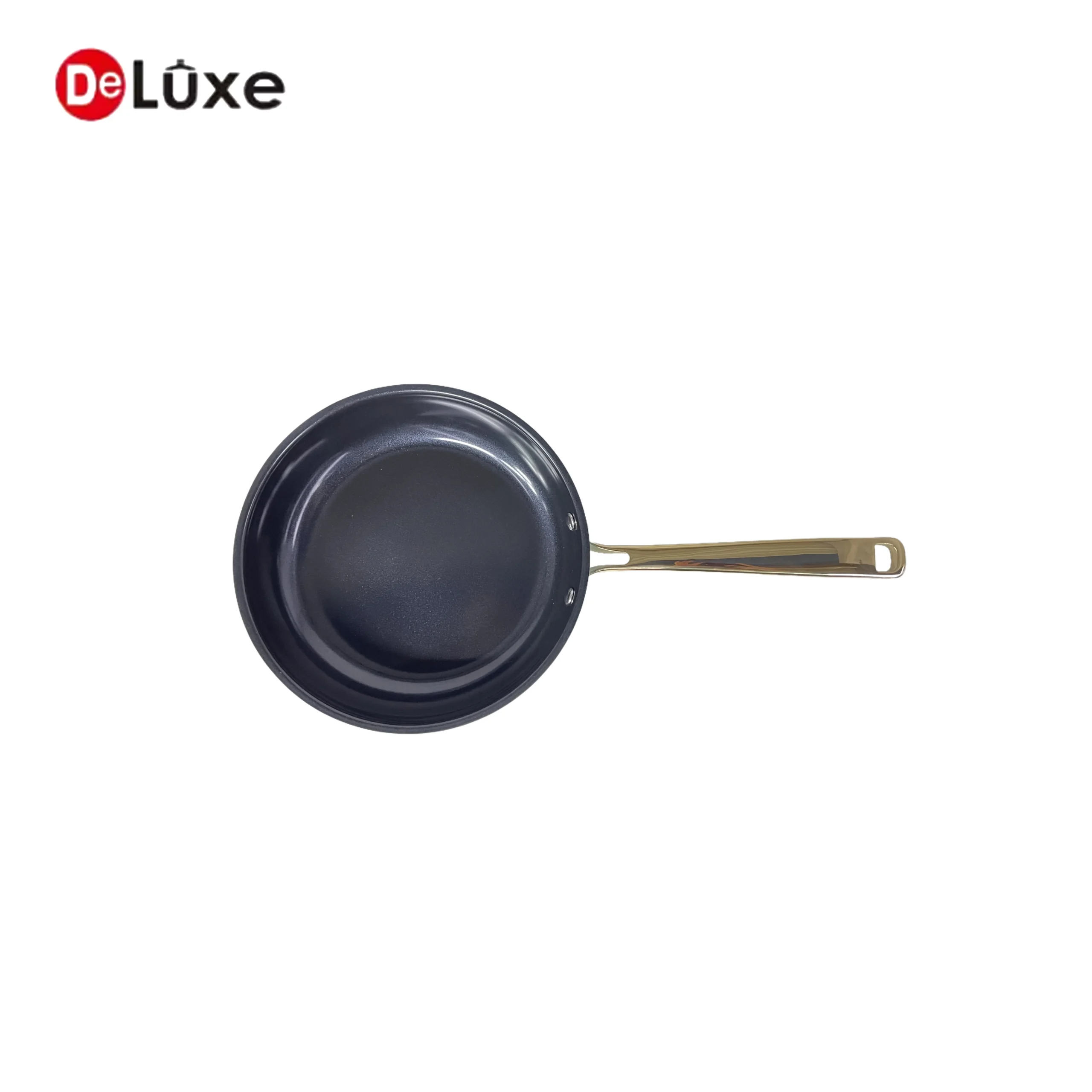 Top down inner view of non-stick sloped frying pan, 304 stainless steel body, hollow cast steel handle rivet structure