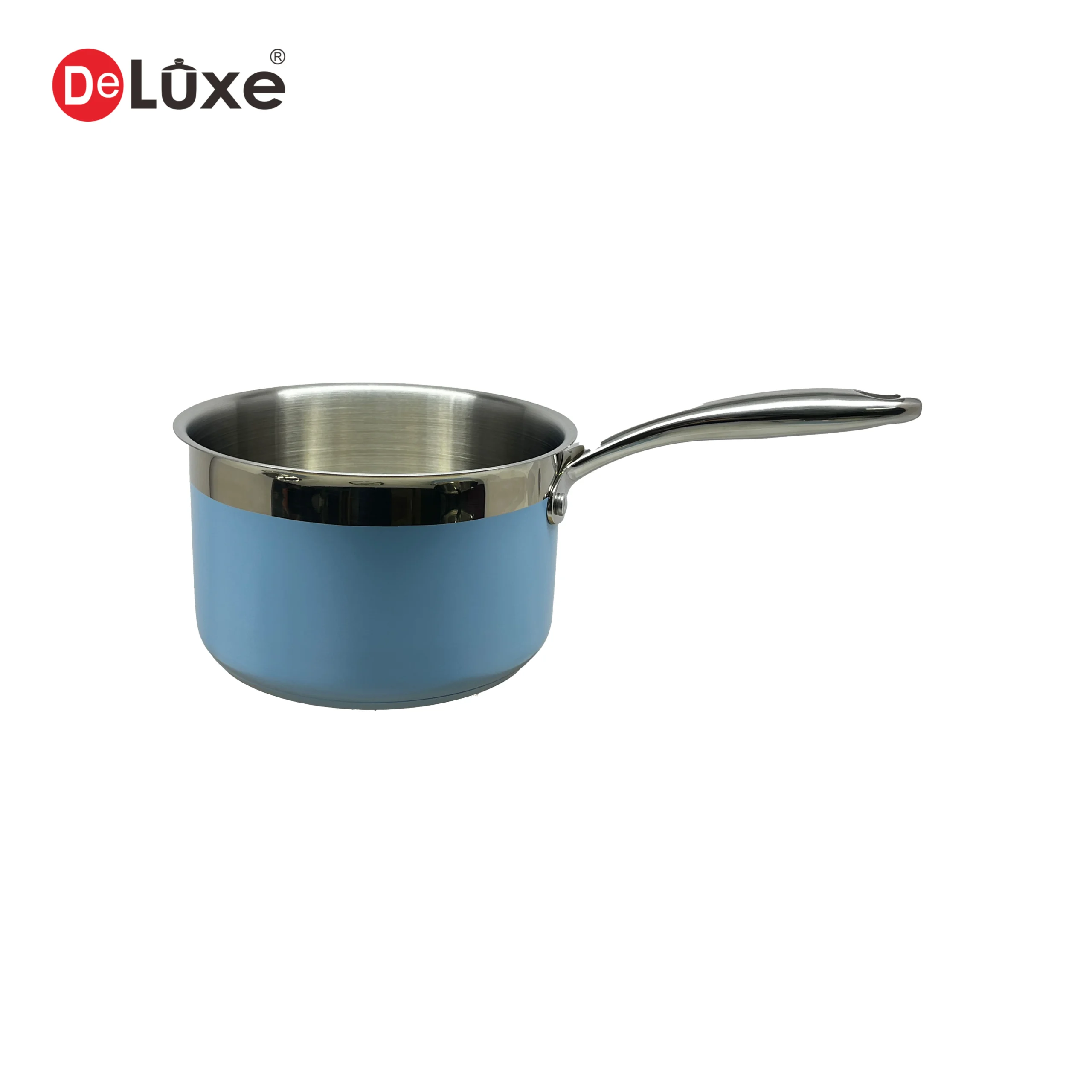 Uncovered blue mirror finish stainless steel single handle milk saucepan with solid steel handle