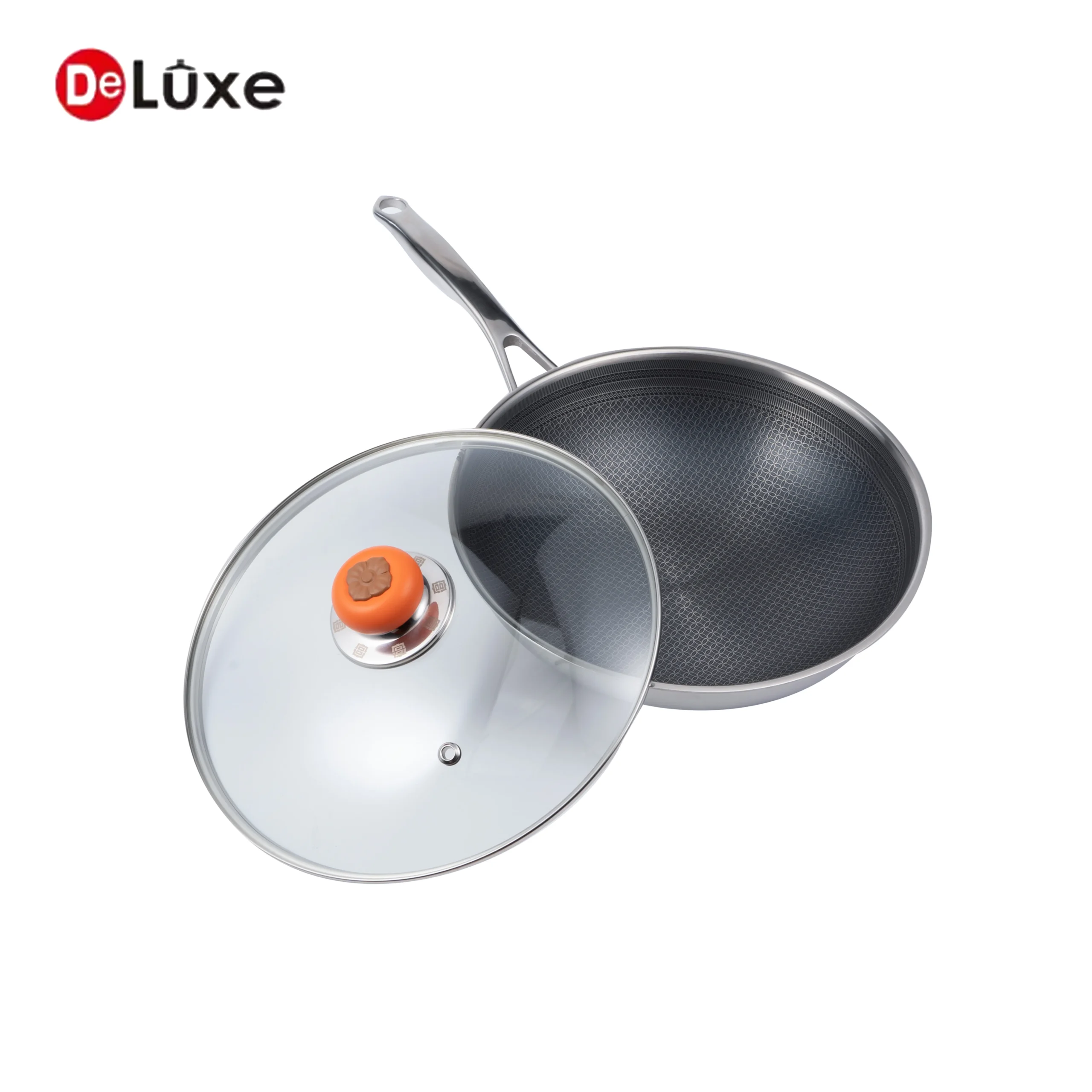 Open lid display honeycomb etched non-stick inner surface of DeLuxe cooking wok