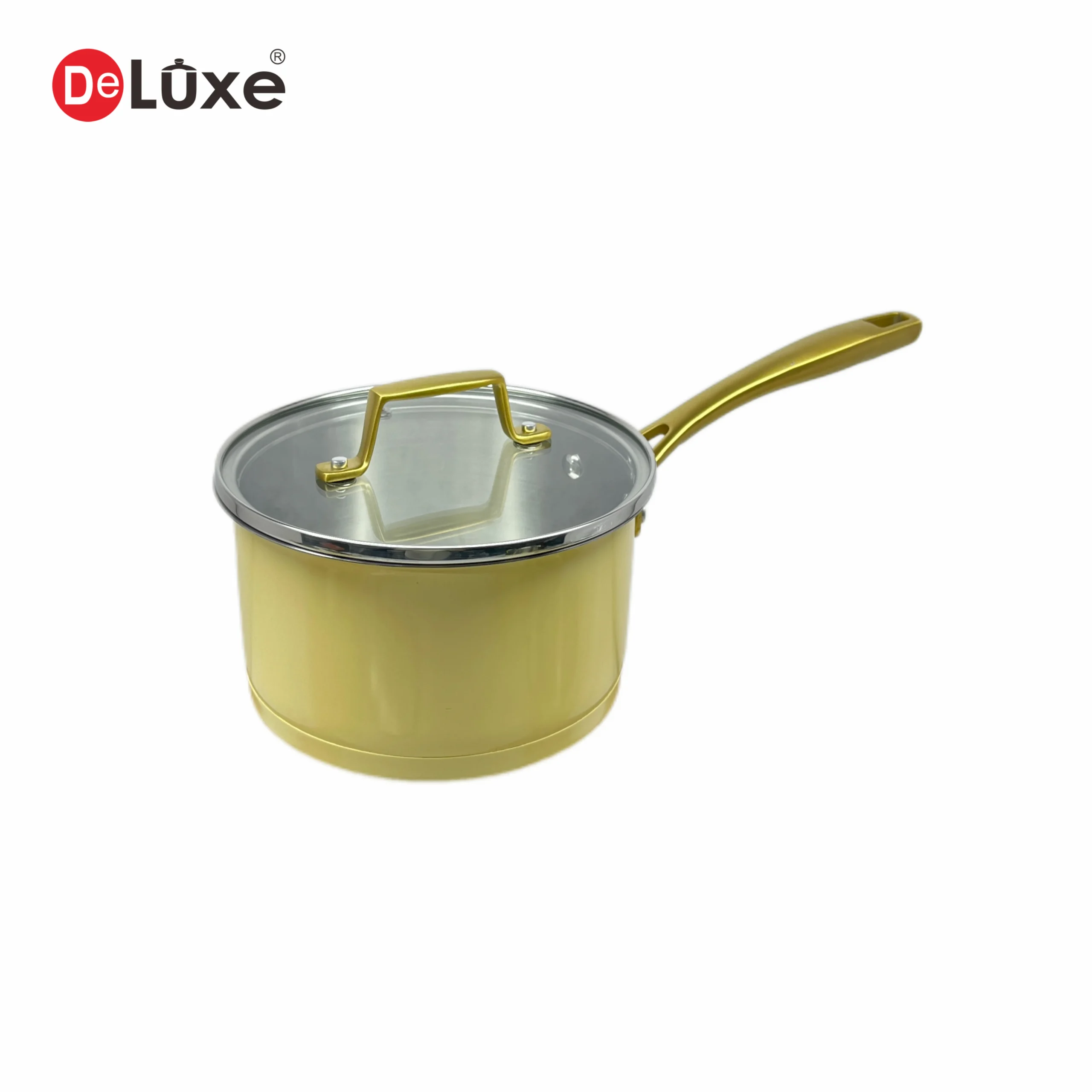 304 stainless steel saucepan with yellow outer ceramic coating, golden PVD cast steel long handle, showing matte sand inner wall structure