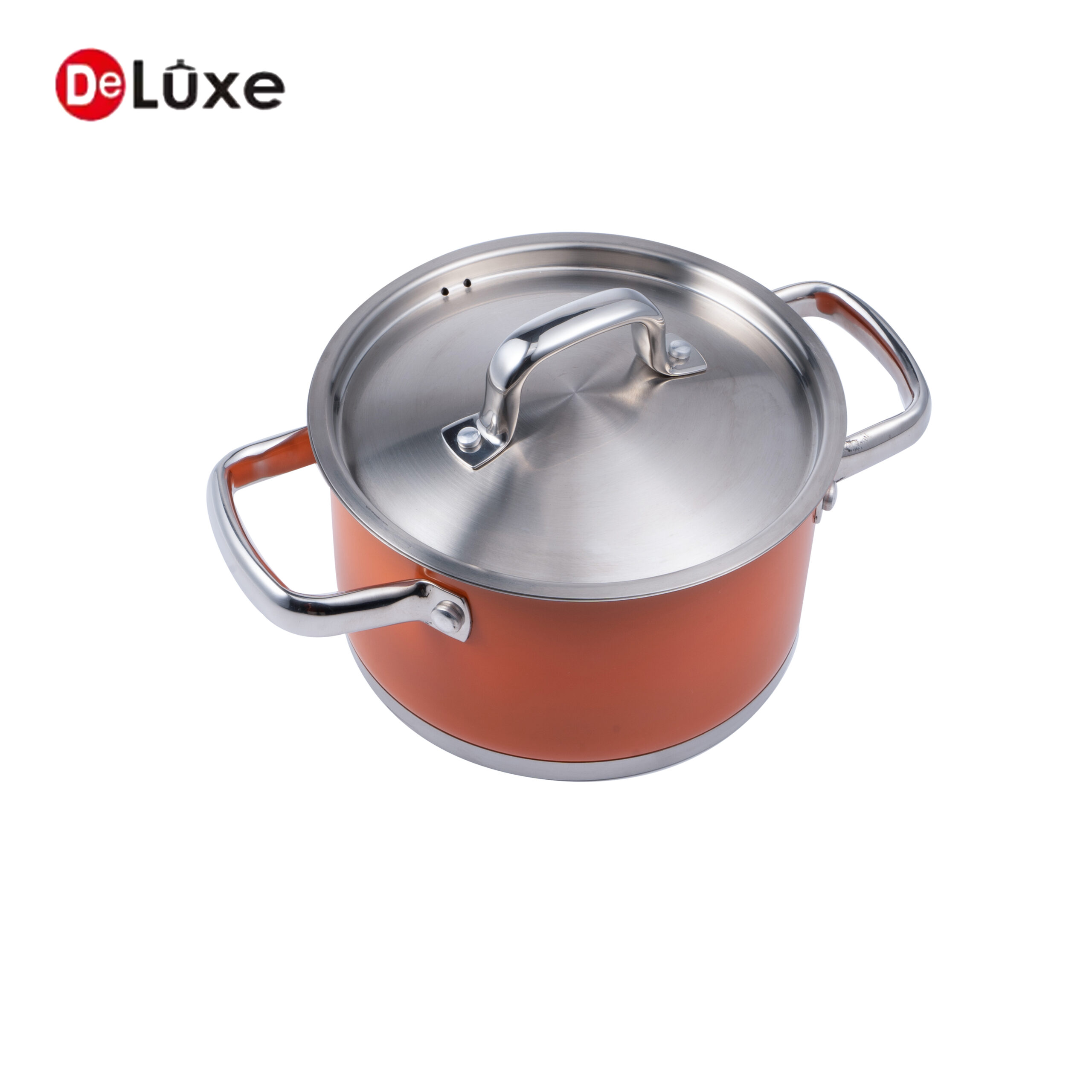Fashion orange coated stainless steel medium stock pot with double cast steel handles & stainless steel lid