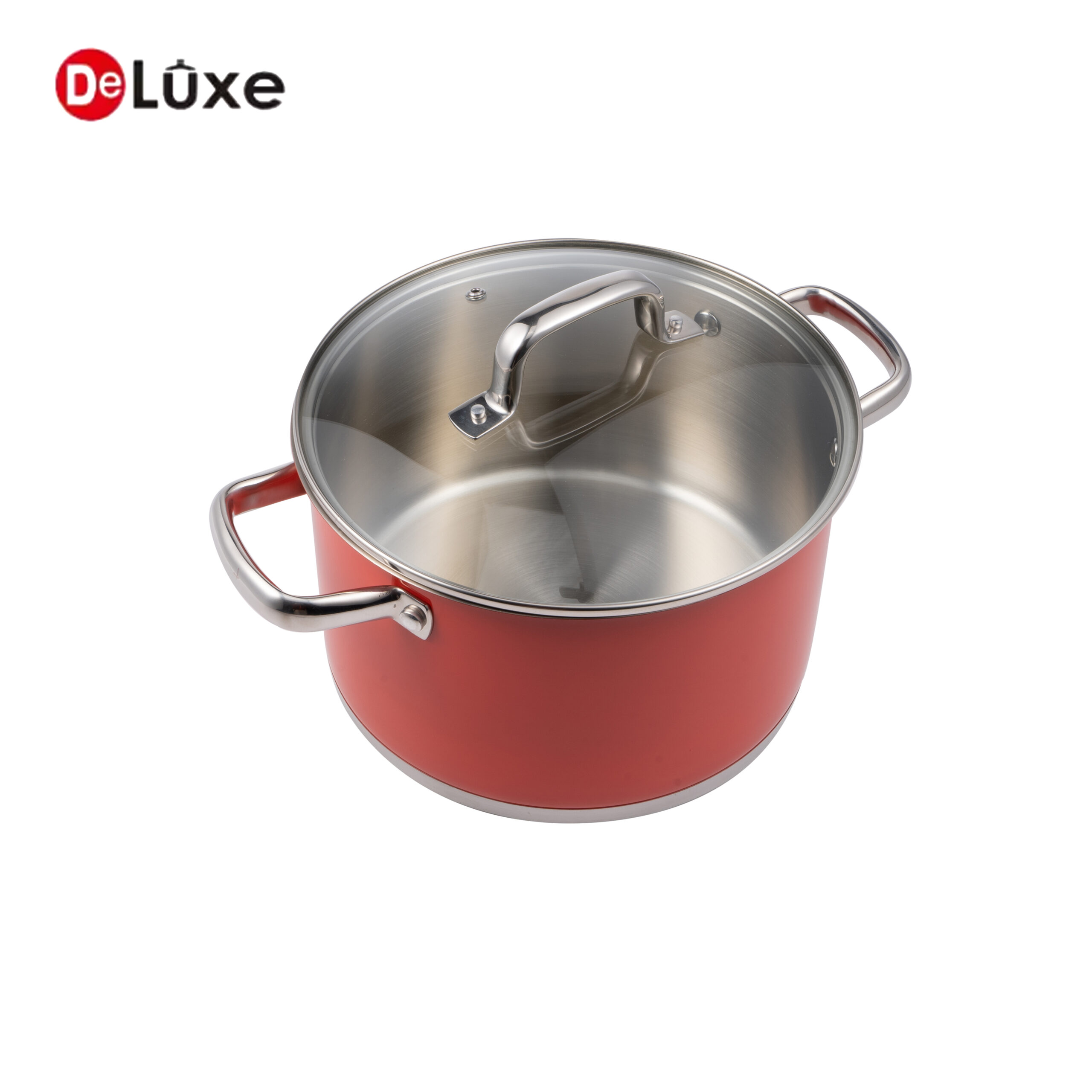 Red coated stainless steel stock pot, smooth stainless interior and double cast steel handles