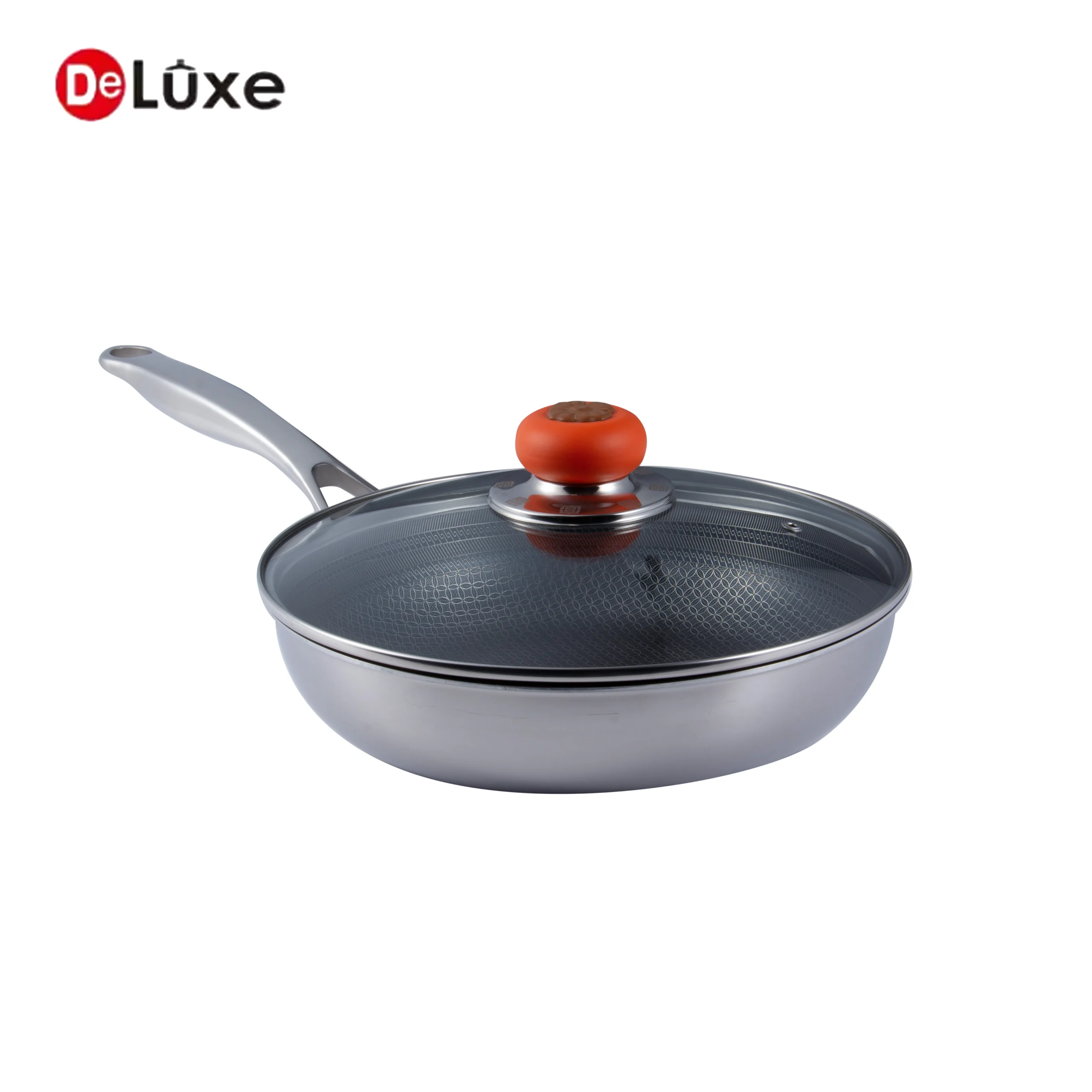 Side view of modern silver black stainless steel honeycomb wok for stir frying boiling simmering