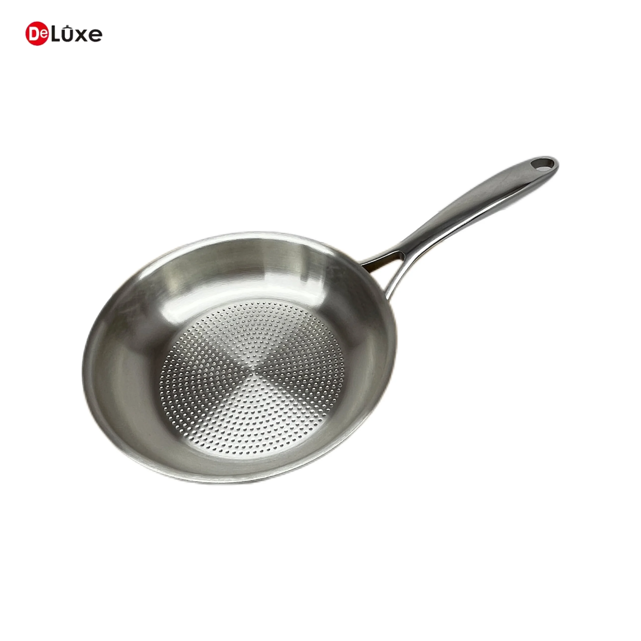 Single Deluxe 3-layer composite fry pan, silver polished exterior, food-grade stainless steel inner