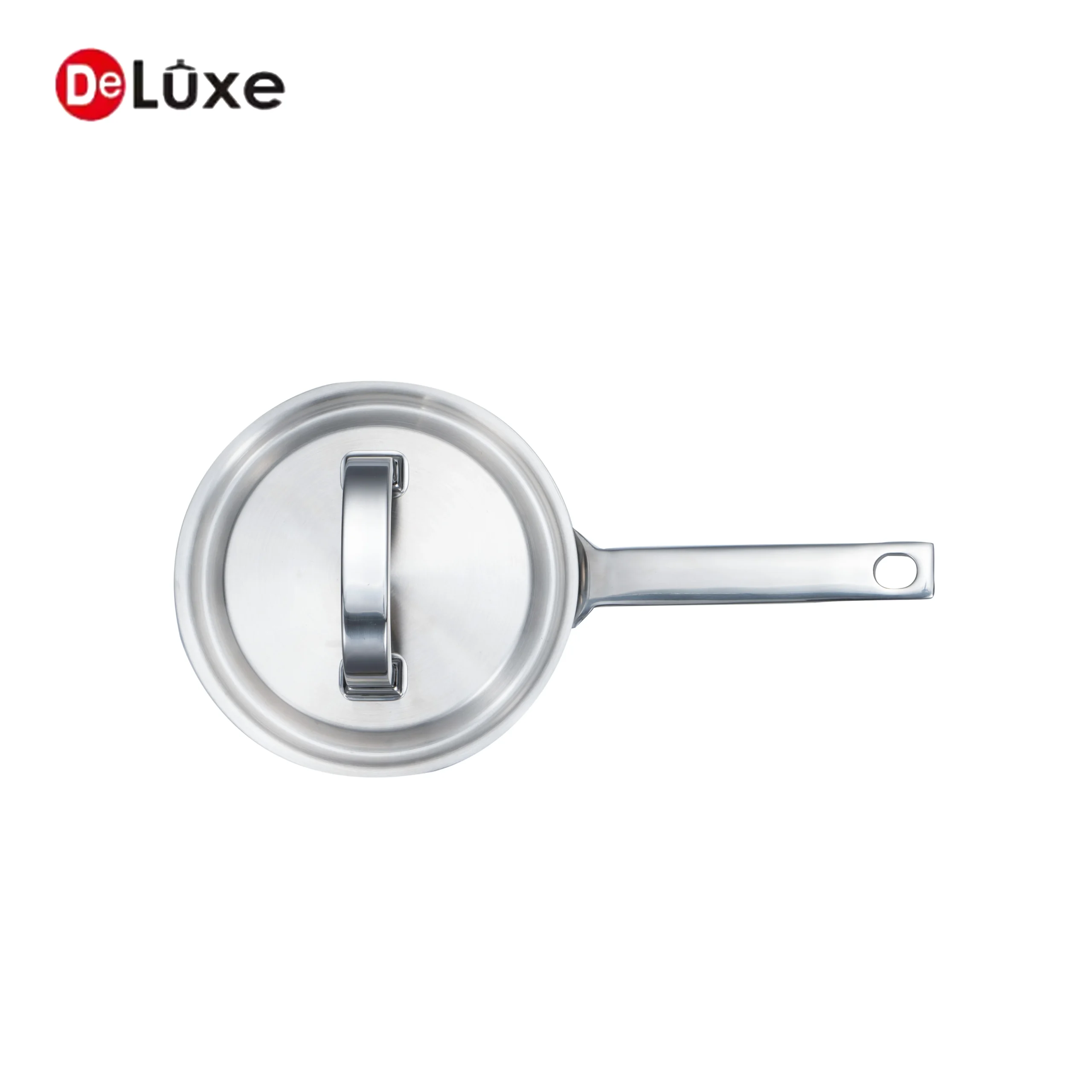 Top view of empty small 3-layer composite stainless saucepan with single square tube cast steel long handle