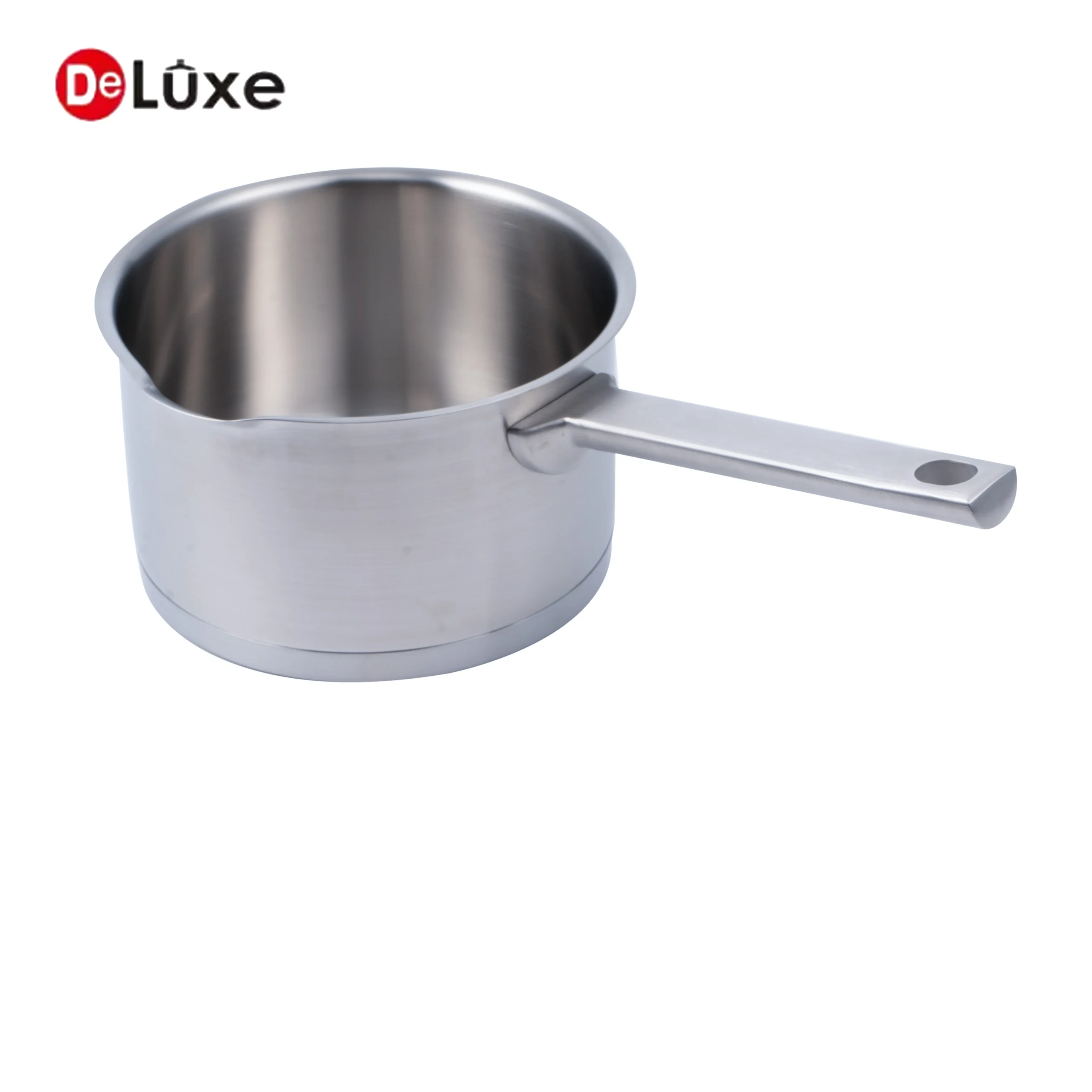 Empty stainless steel single handle saucepan with dual built-in pouring spouts and spot welded cast steel long handle