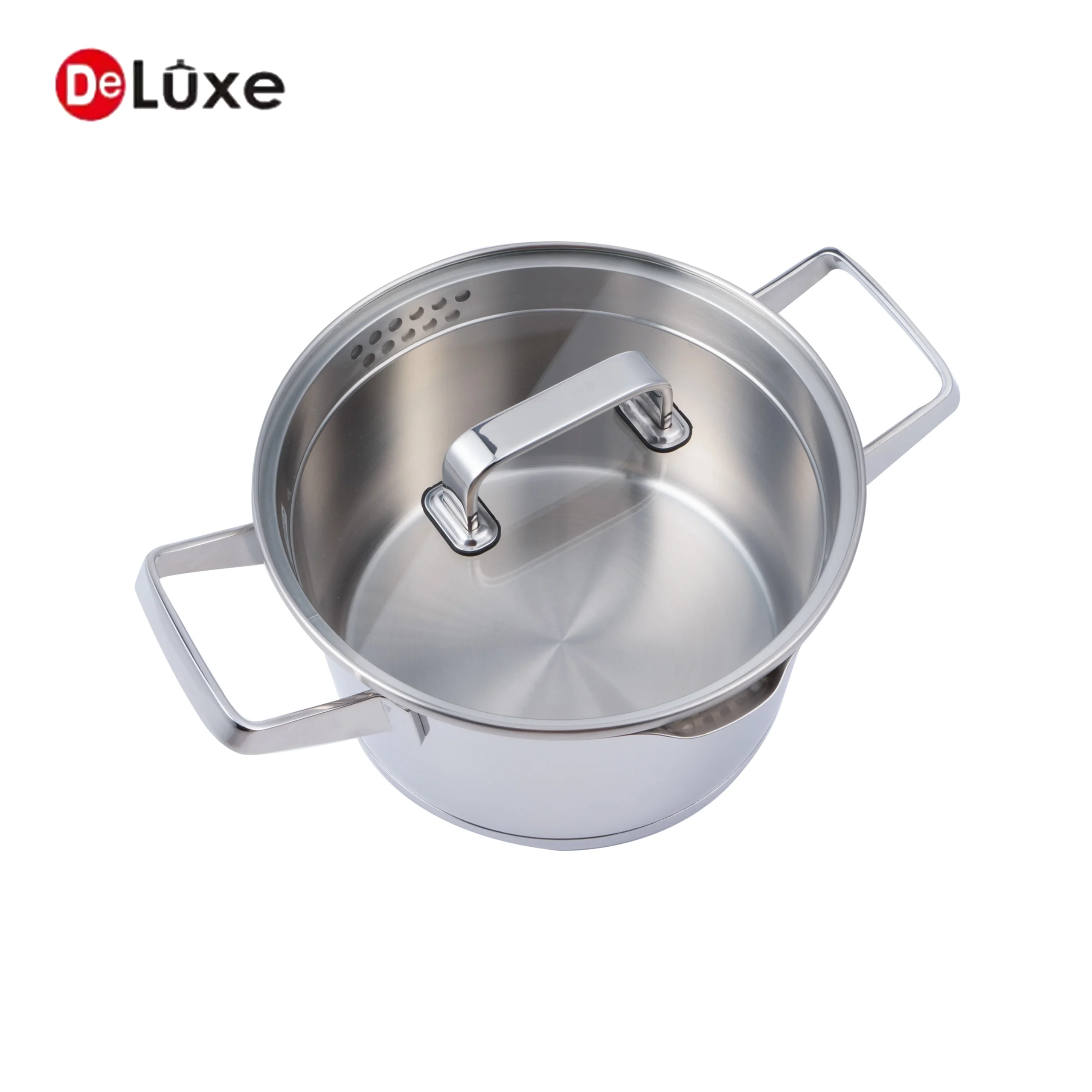 Top-down view of empty slightly tilted stock pot with double cast steel handles, flat cooking surface