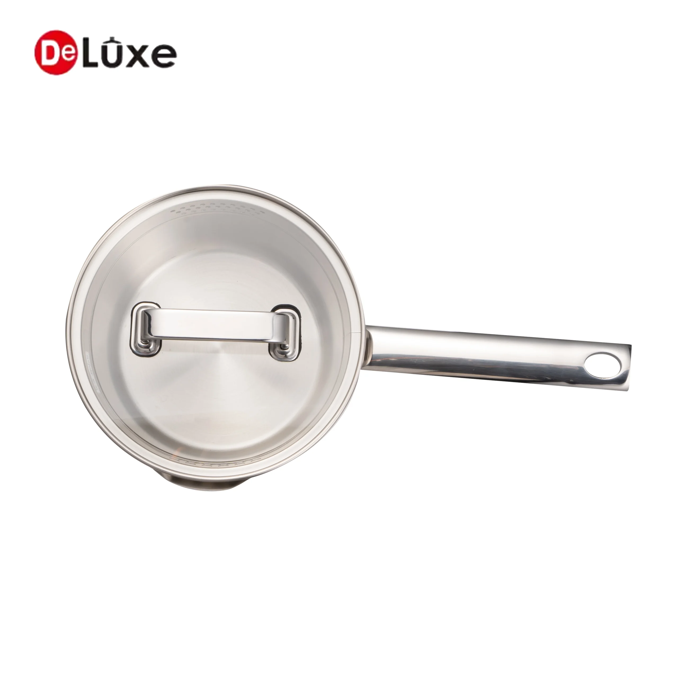 Slightly tilted stainless steel shallow fry pan with double cast steel handles and matching tempered glass lid