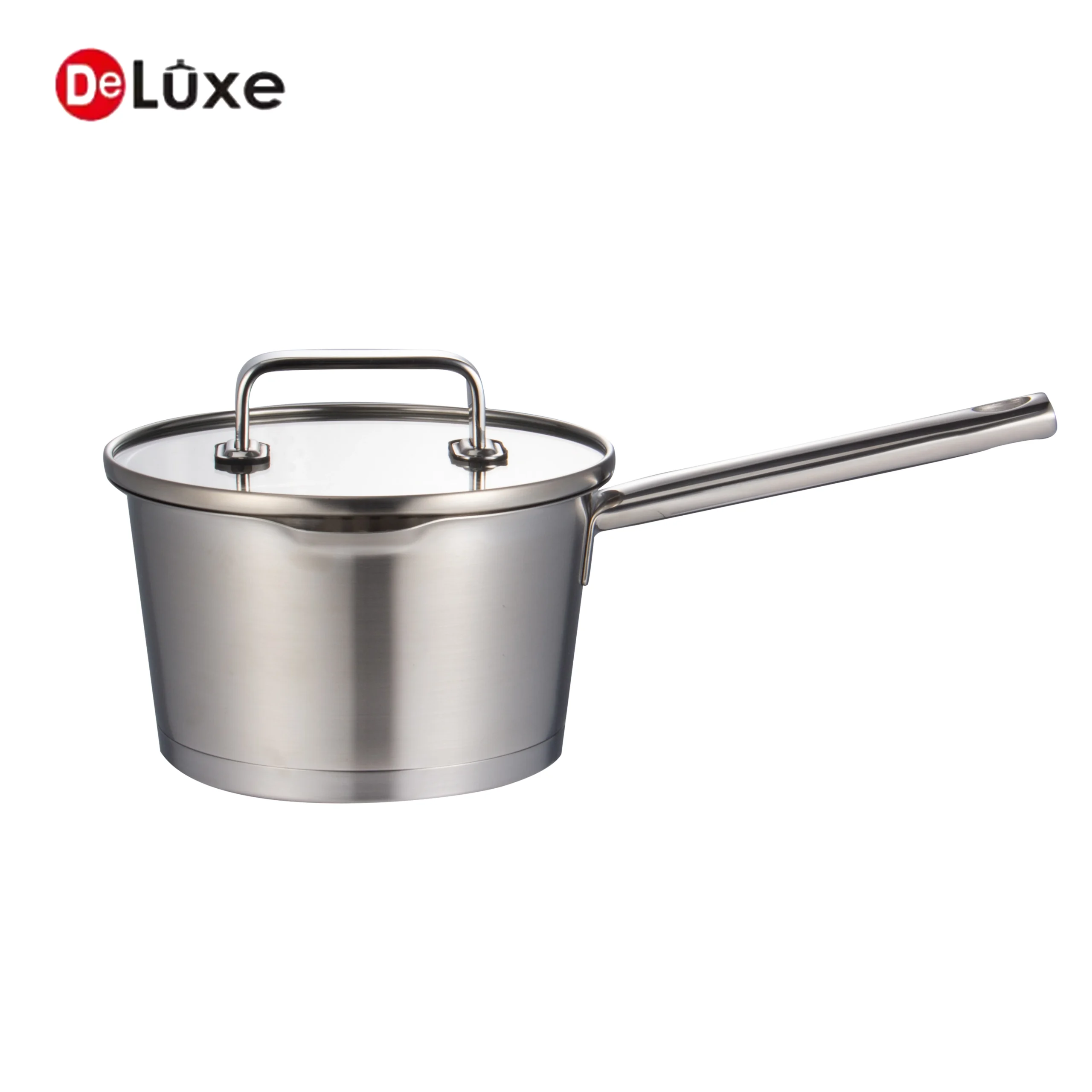 Slightly tilted stainless steel saucepan with solid cast steel single handle & transparent tempered glass lid
