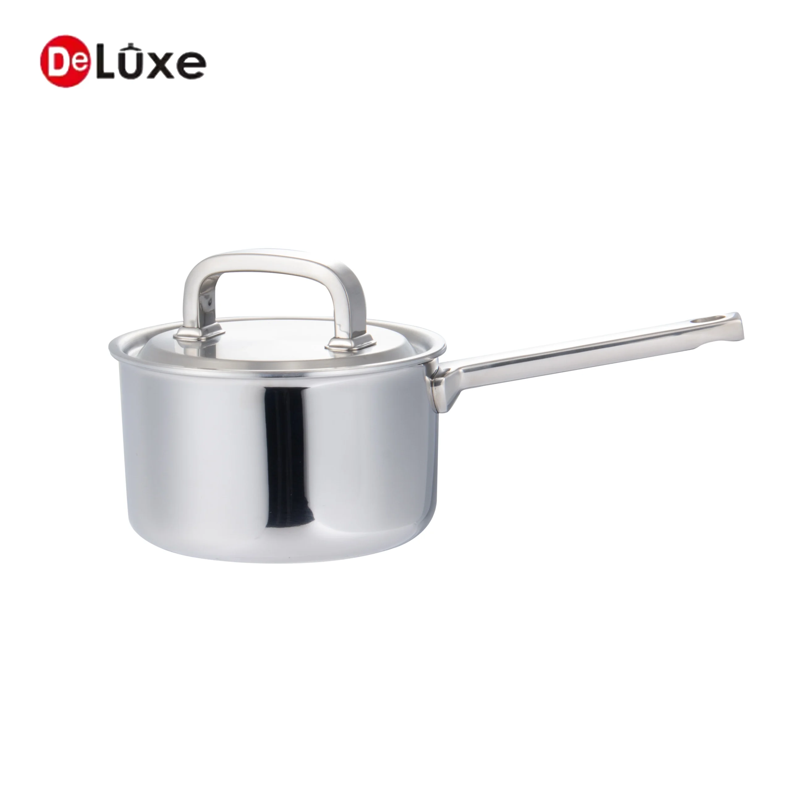 Open small straight saucepan of 3-layer composite stainless steel, single square tube cast steel handle, one-piece stainless lid placed on top