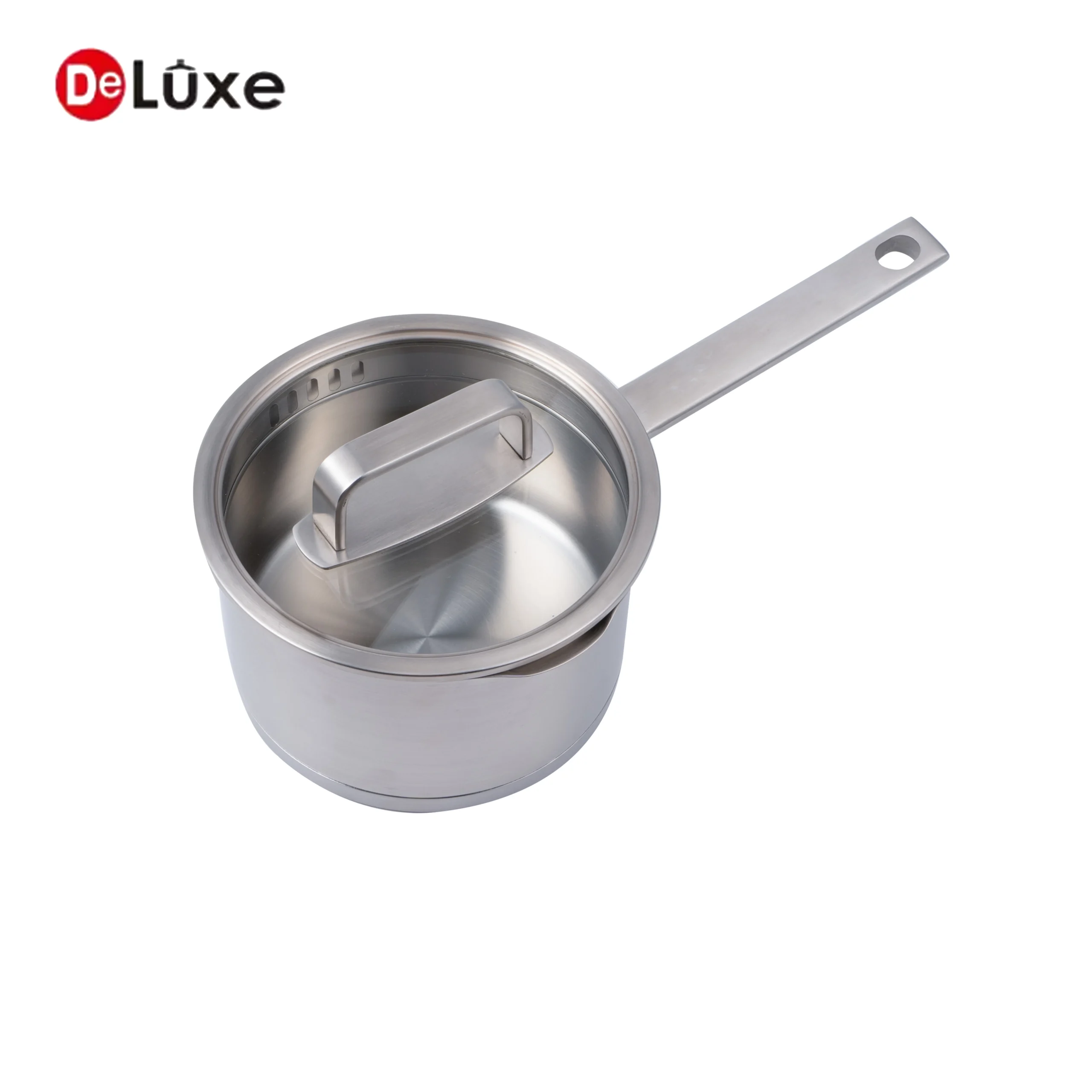 Small stainless steel single handle saucepan with dual pouring spouts, spot welded cast steel handle and stainless rim combination glass lid
