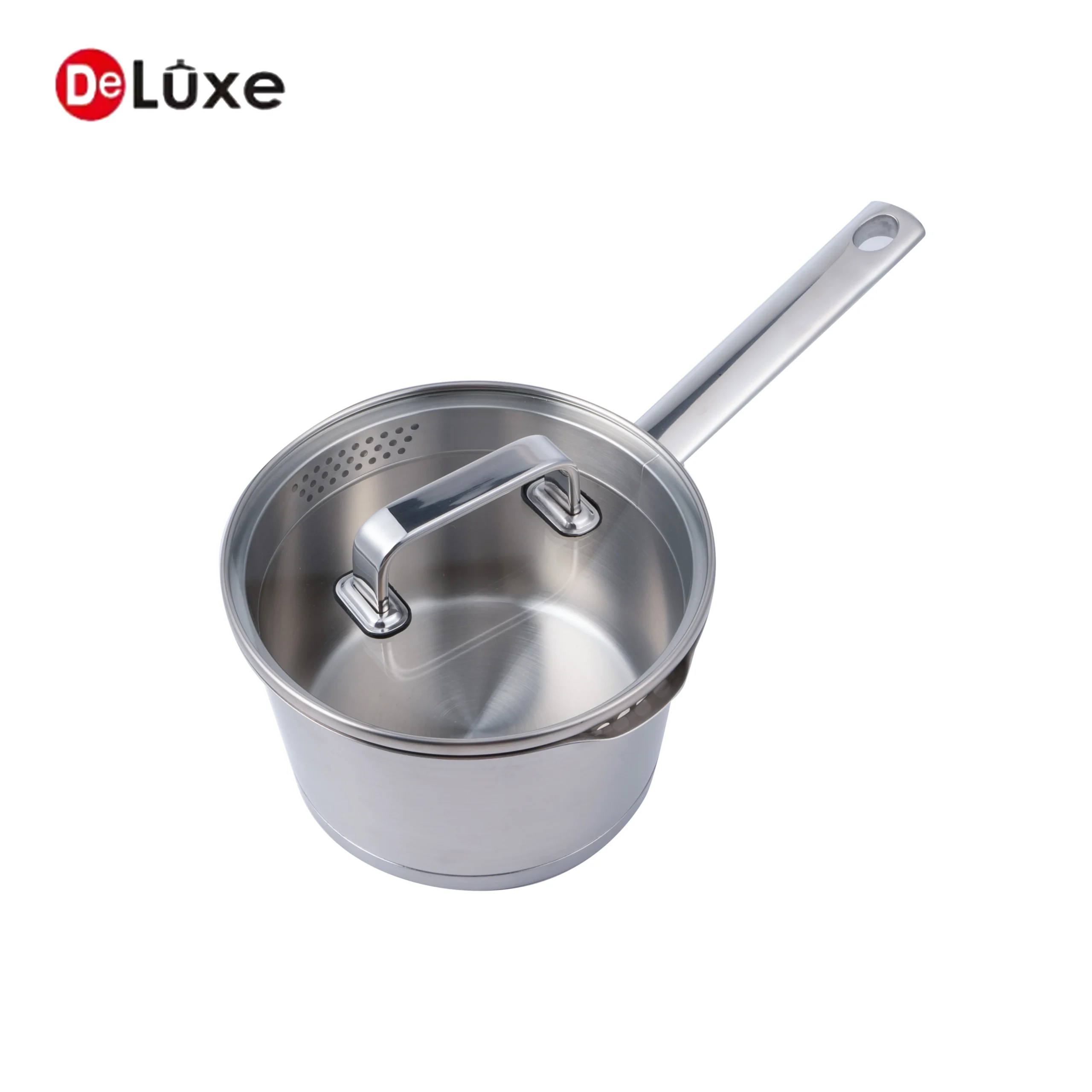Empty small slightly tilted stainless saucepan with long solid cast steel single handle