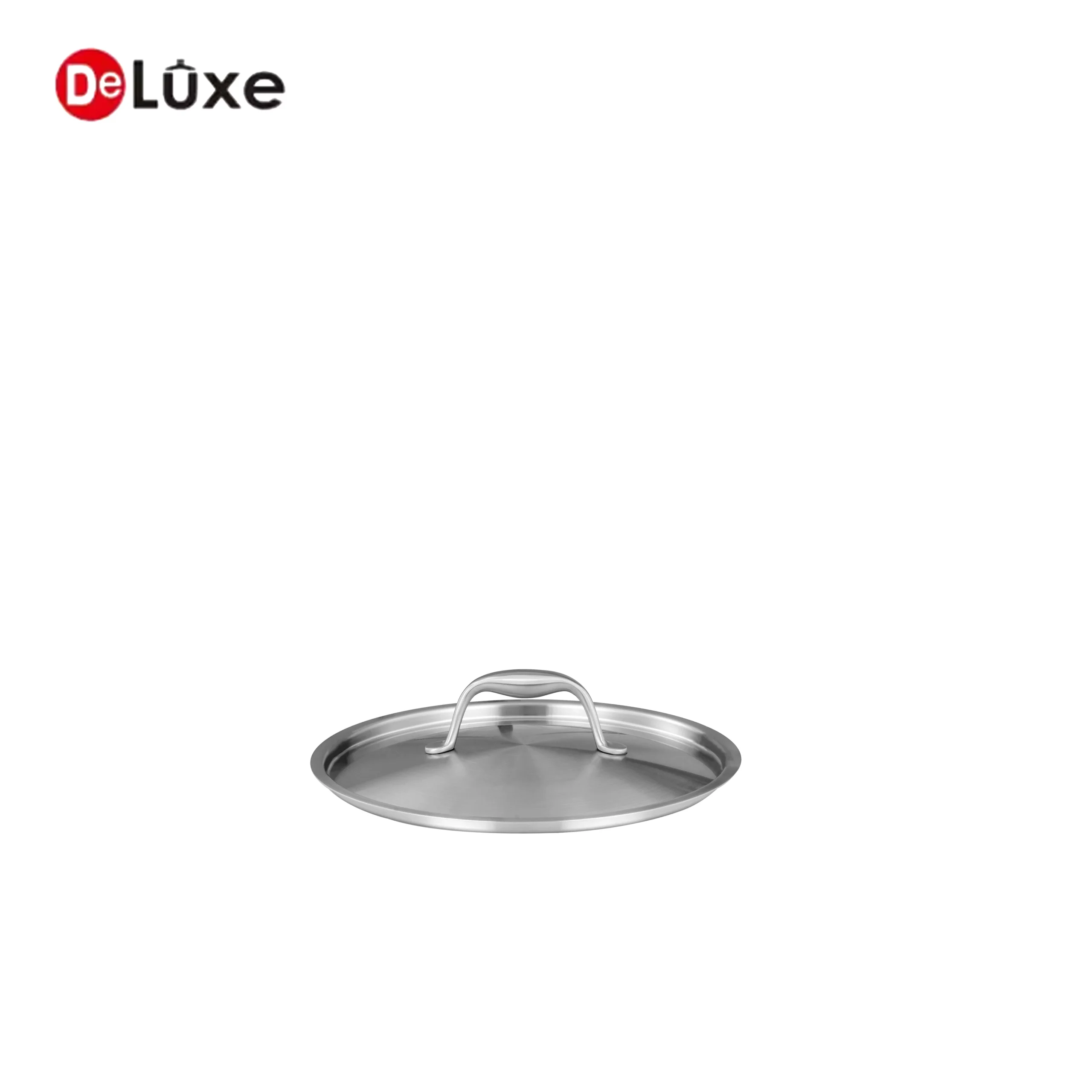 Matching one-piece solid stainless steel lid for tall deep stock pot, fits tightly to lock steam during slow simmering