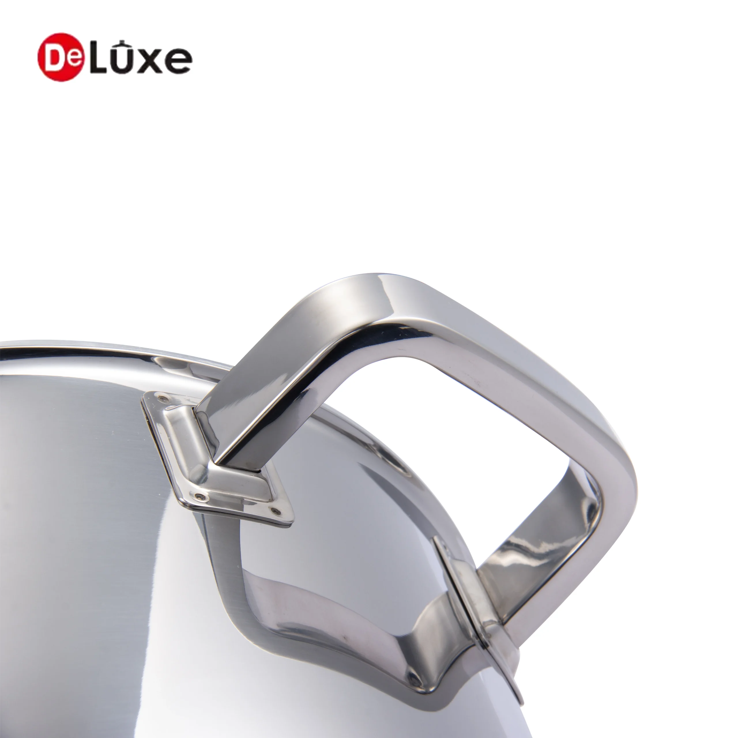 Detail shot of ergonomic hollow square tube cast steel handle for 3-layer composite stainless cookware set