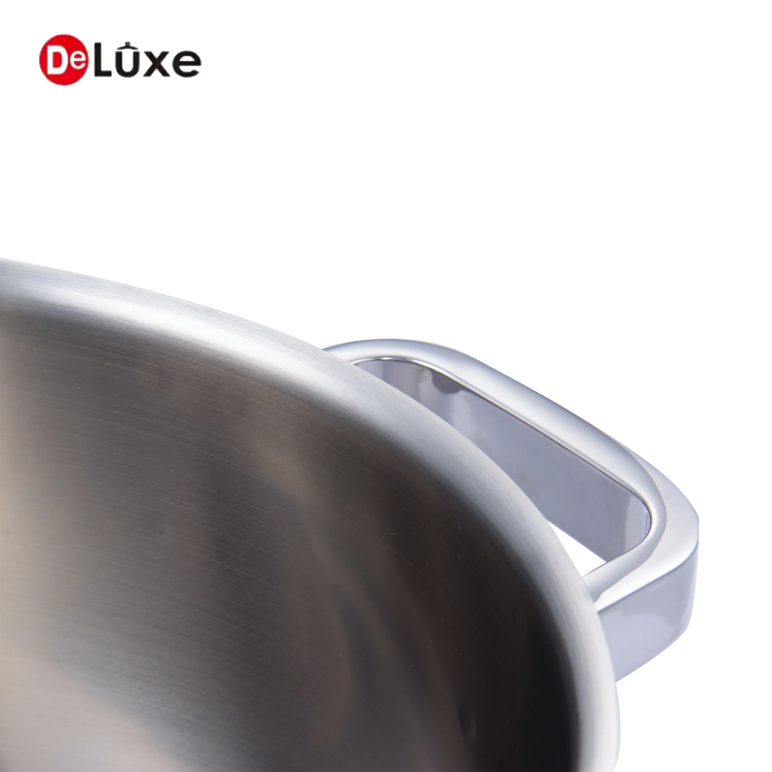 Close-up of sturdy square tube cast steel double handle and spot welding joint on 3-layer composite stainless stock pot