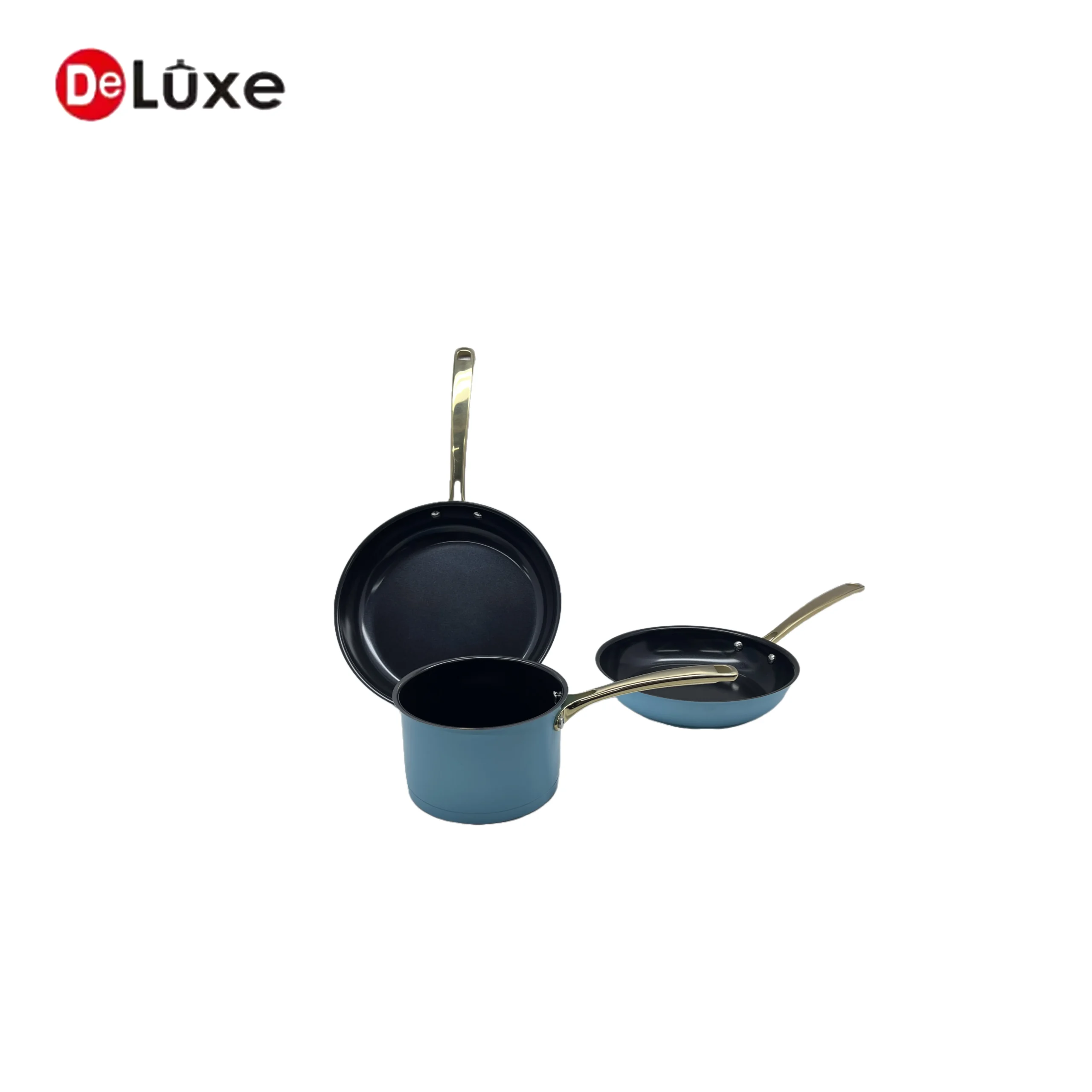 Stackable 3-piece blue non-stick cookware set for space-saving storage, saucepan and deep frying pans with hollow cast steel handles